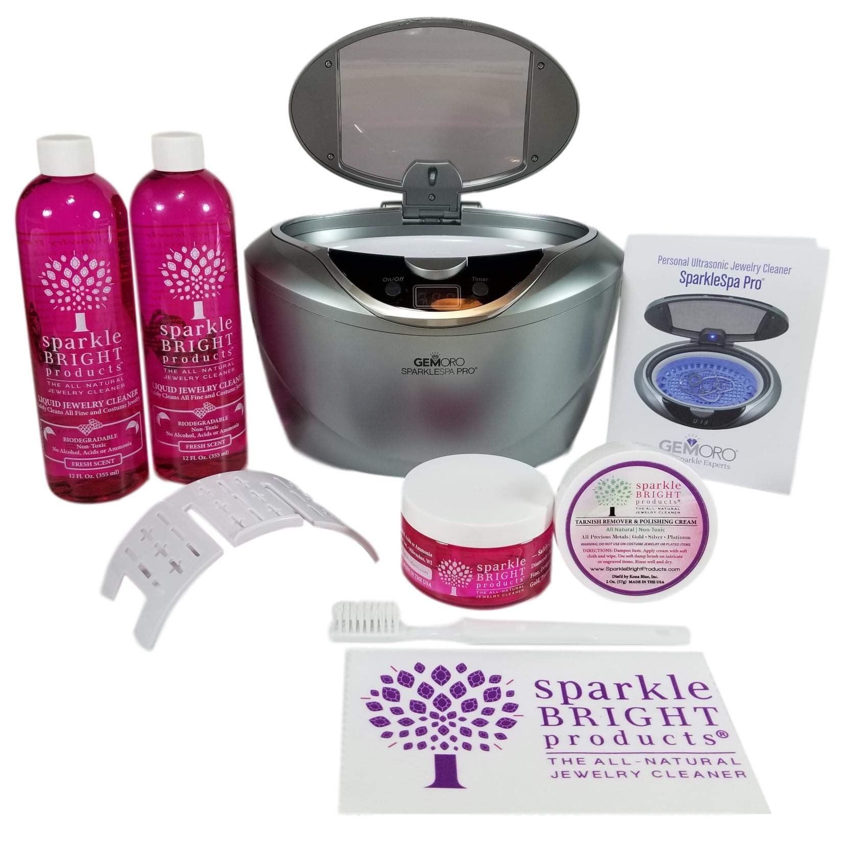 Sparkle Bright Products | GemOro 1791 Sparkle Spa Pro Ultrasonic Choice Jewelry Cleaning Kit, Slate Gray | Includes Sparkle Bright All-Natural Jewelry Cleaning Products