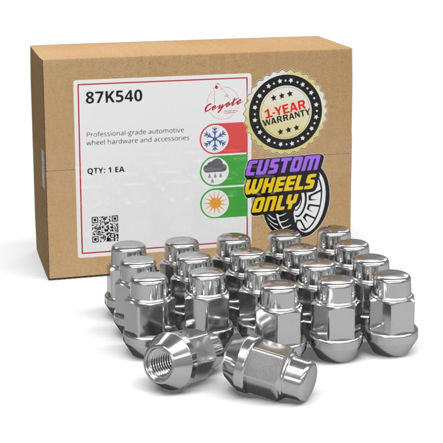 Wheel Accessories Parts 20 Pcs 7/16"-20 Thread Bulge Acorn 35mm 1.38" Long Lug Nuts Chrome 3/4" 19mm Hex Fits Many Classic Chevrolet Buick GMC Pontiac Vehicles