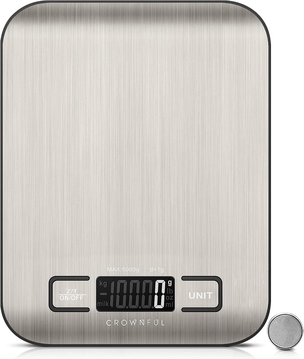 – CROWNFUL Food Scale, Digital 11lb Kitchen Scale with Batteries, 5 Units with Tare Function, Weight Grams and Ounces for Cooking and Baking