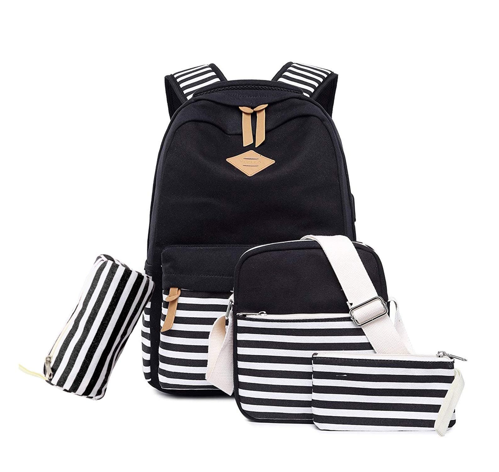 VEZELA Set of 4 Casual Laptop Bag (35L) with USB Charging Feature with Lunch Bag, Pencil Case & Pouch, School Bag for Girls and Boys, College Bags for Girls, Laptop Backpack