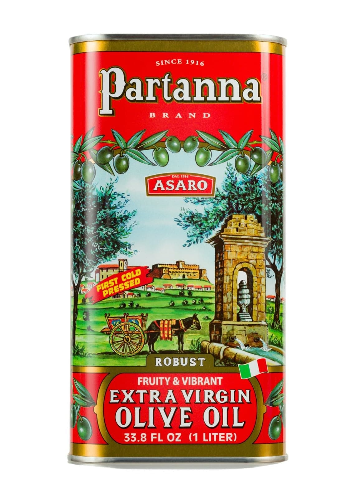 Partanna Robust Extra Virgin Olive Oil - Premium 100% Castelvetrano Oil-High Polyphenol-First Cold Pressed - Early Harvest in Sicily - Award Winning Italian EVOO -Monovarietal -33.8 fl oz (1 L) Tin