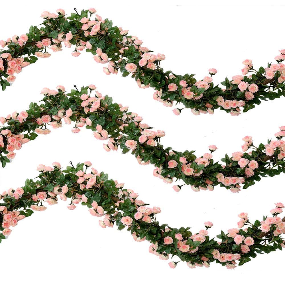 Veryhome 2Pcs 69 Heads 5.7FT Artificial Rose Vine Silk Fake Flowers Garland Plant Floral Ivy Decorations For Home Wedding Arrangement Party Garden Décor Pink