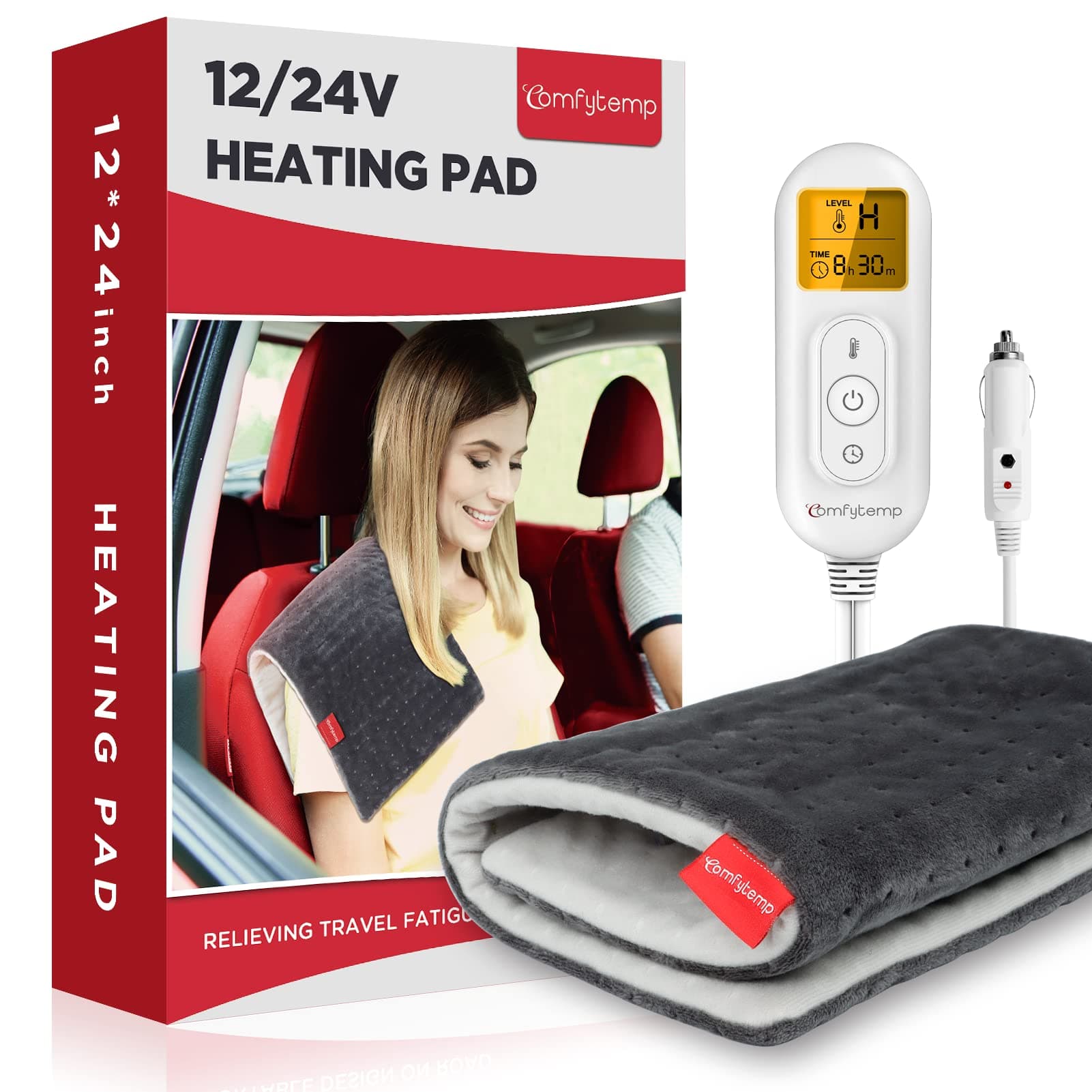 12V/24V Car Electric Blanket for Back Pain Relief, Travel Blanket with 6 Heat Setting, 5 Auto-Off, Portable Mini Blanket for Back Pain, Shoulders and Cramps Relief, 12x 24 Washable