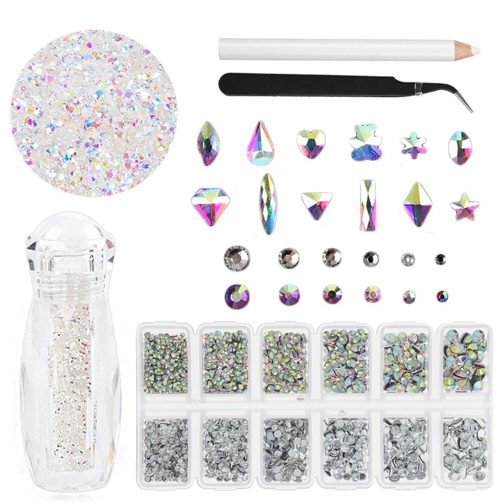 LIMGLIM 7272pcs Nail Art Rhinestones 36pcs AB Multi Shapes Flatback Gems, 1 Bottle of Mini 1.2mm Micro Rhinestones, 2736pcs Flatback Rhinestones for Nail Arts