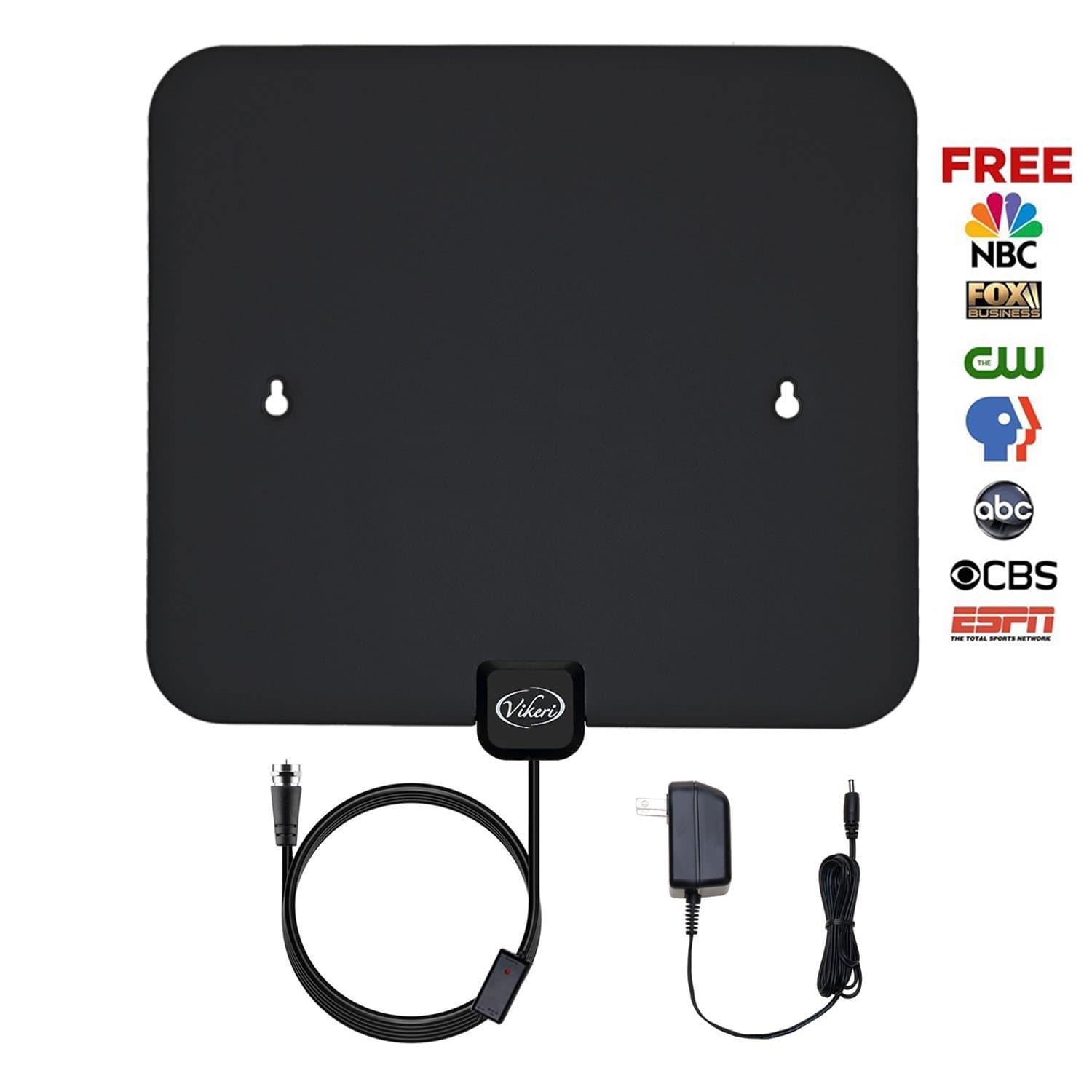 Vikeri Digital Amplified HDTV Antenna Indoor with AC/DC Power Adapter - 50 Mile Range, Black/White