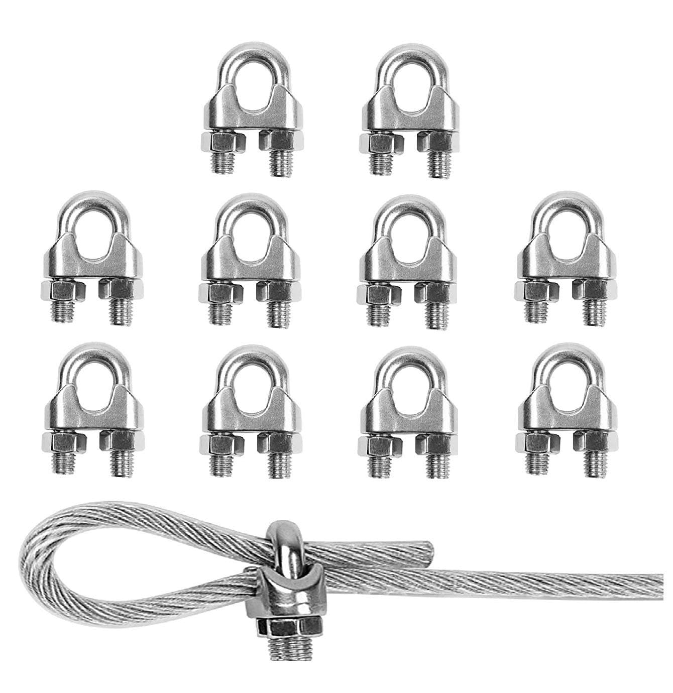 TERF® 10 Pcs Wire Rope Clip Clamps M5 for Ø 5mm (3/16") Rope Grip Galvanized Steel U Bolt Saddle Fastener for Rigging and Tension Cable Garden Tension Wire