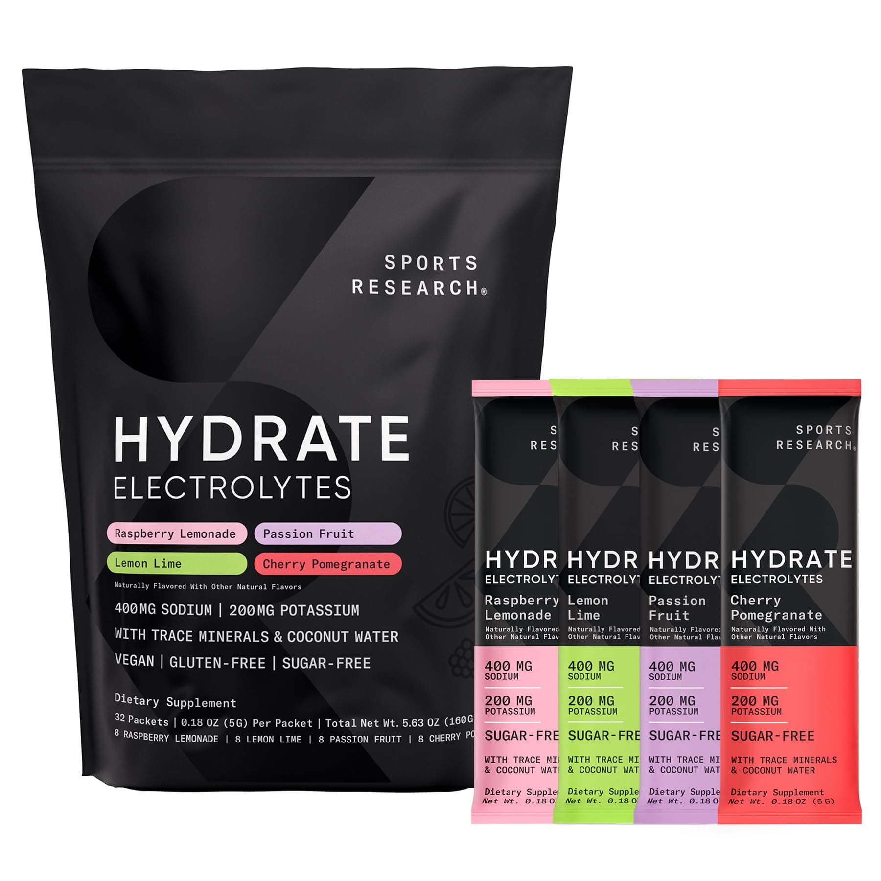Hydrate Electrolytes Powder Packets - Sugar-Free & Naturally Flavored with Vitamins, Minerals, and Coconut Water - Supports Hydration - 32 Packets - Variety Pack