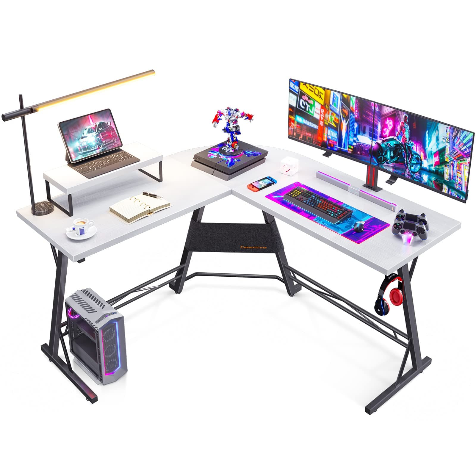 CasaottimaGaming Desk L Shaped Computer Desk, Corner Desk for Home Office with Monitor Stand 51", White