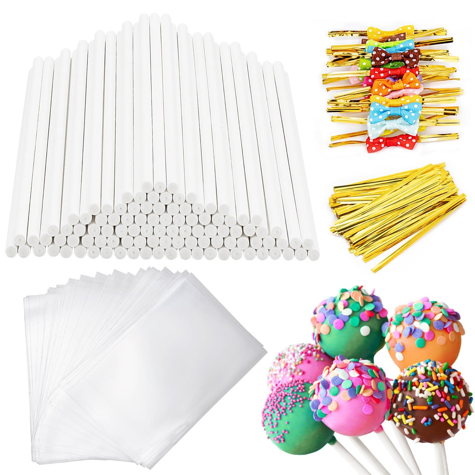 โ SOTMALTK 320Pcs Cake Pop Sticks and Wrappers Kit, Lollipop Sticks with Cake Pop Bags and Metallic Twist Ties Bow, Perfect for Making Lollipops,Candies,Chocolates and Cookies - Great for Parties