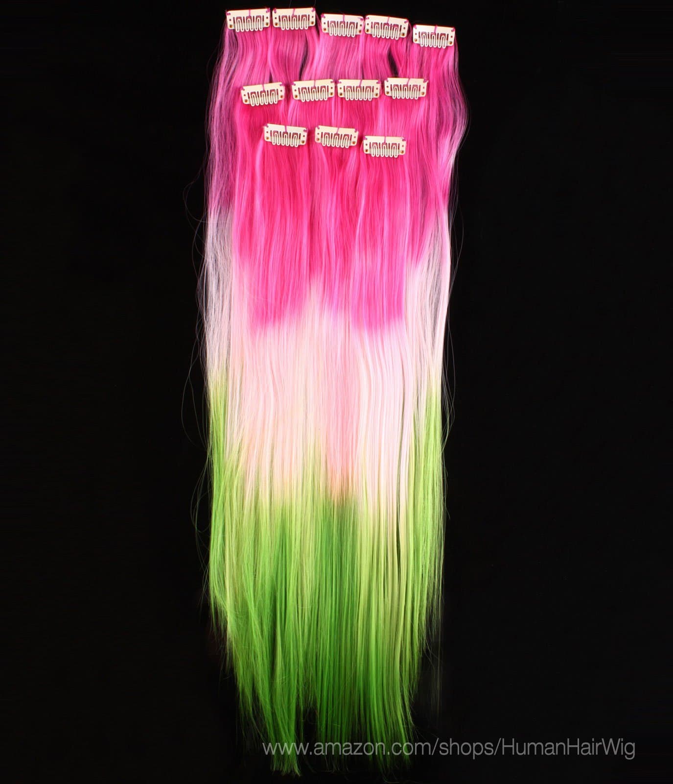 18'' 12pcs Synthetic Ombre Dip Dyed Hippie Hair Human Extension Clip in 27colors WGY64 Hot Pink/Light Pink/Green