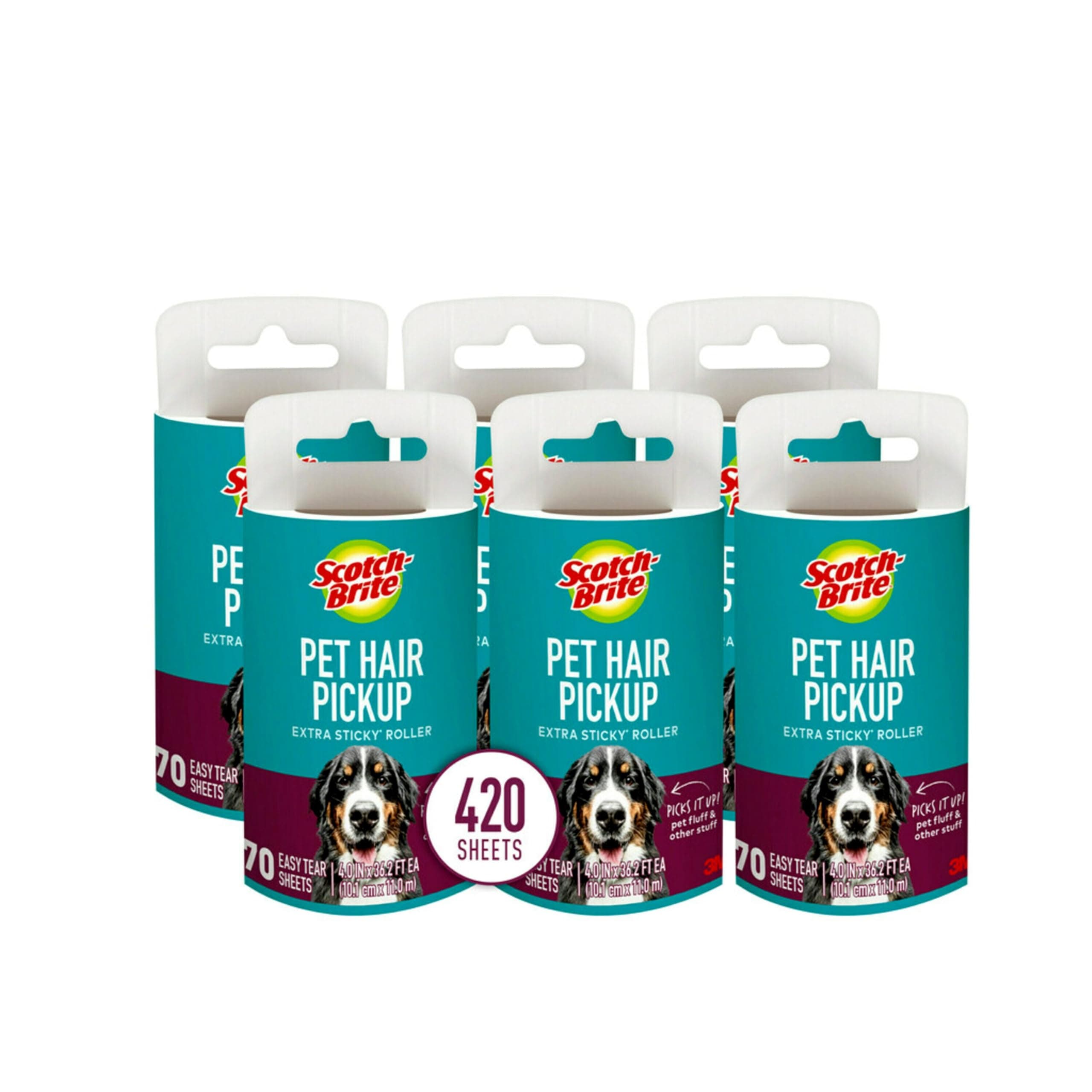 Pet Hair Pickup Extra Sticky Lint Roller, Designed for Removing Fur + Fluff on Couches, Clothes, Dog and Cat Beds, & More, 6 Pack, 420 Easy-Tear Adhesive Sheets Total