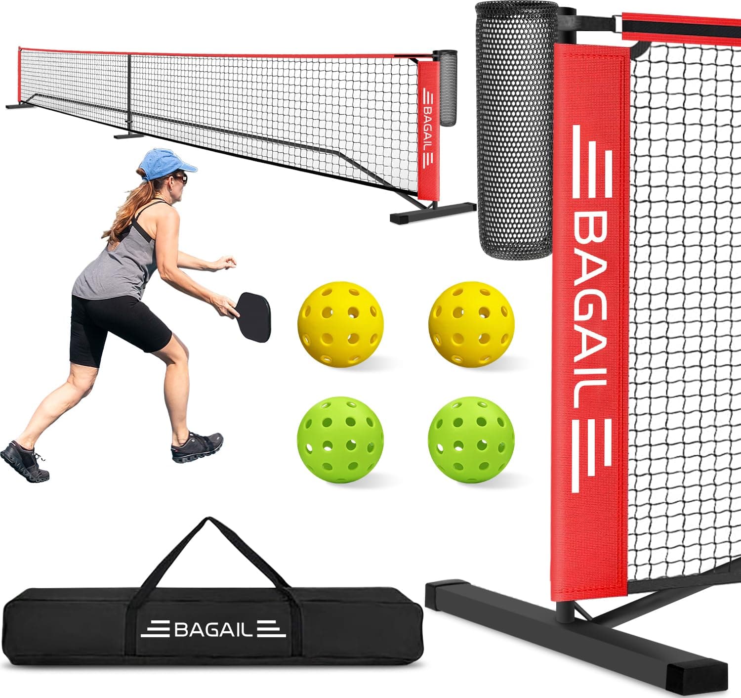 BAGAIL Portable Pickleball Net Set, 22 FT Regulation Size & 11 FT Half Court Size 2-in-1 Pickle Ball Net with Ball Collector, Carry Bag, Easy Setup for Outdoor Indoor DrivewayRecycled Claim Standard 100