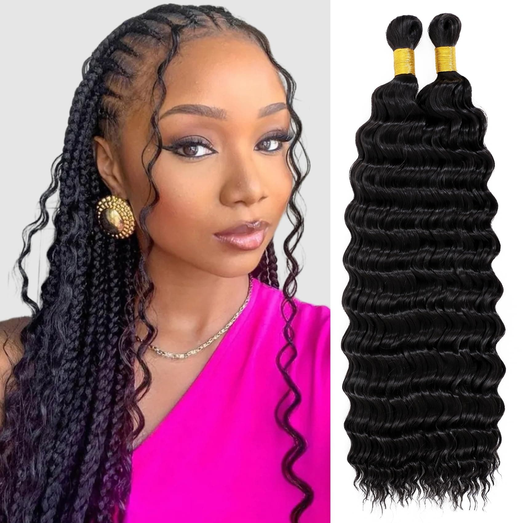 Eerya Long Curly Braiding Hair 18 Inch 2 Packs Ocean Wave Crochet Hair for Black Women Deep Wave Braiding Hair for Boho Braids (18 inch, 1B)