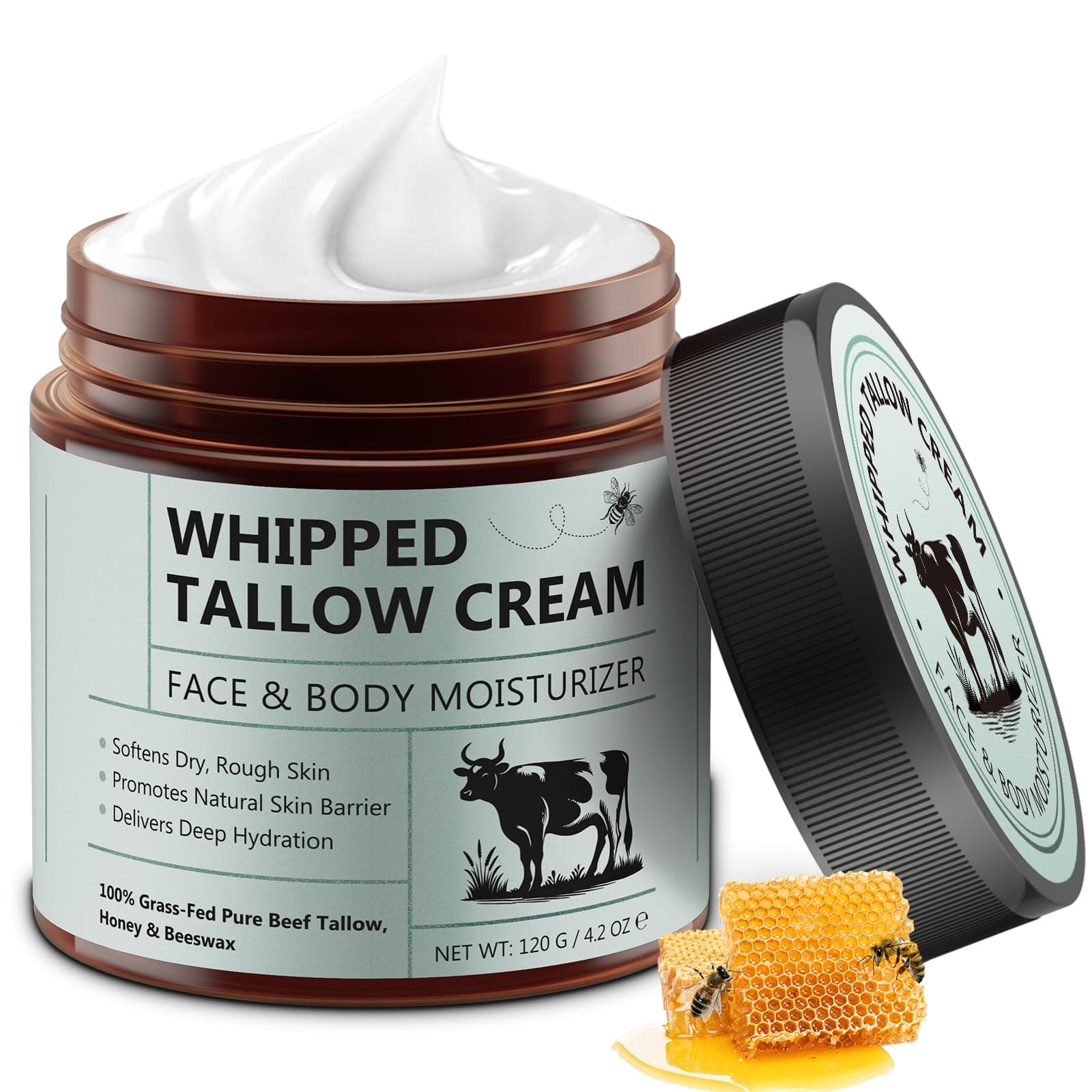 Beef Tallow for Skin, Tallow and Honey Balm (4.2 Oz), Tallow Face Moisturizer, Organic Grass Fed Whipped Beef Tallow with Honey Beeswax, Deeply Moisturizing for Face & Body, Unscented Fast Absorption