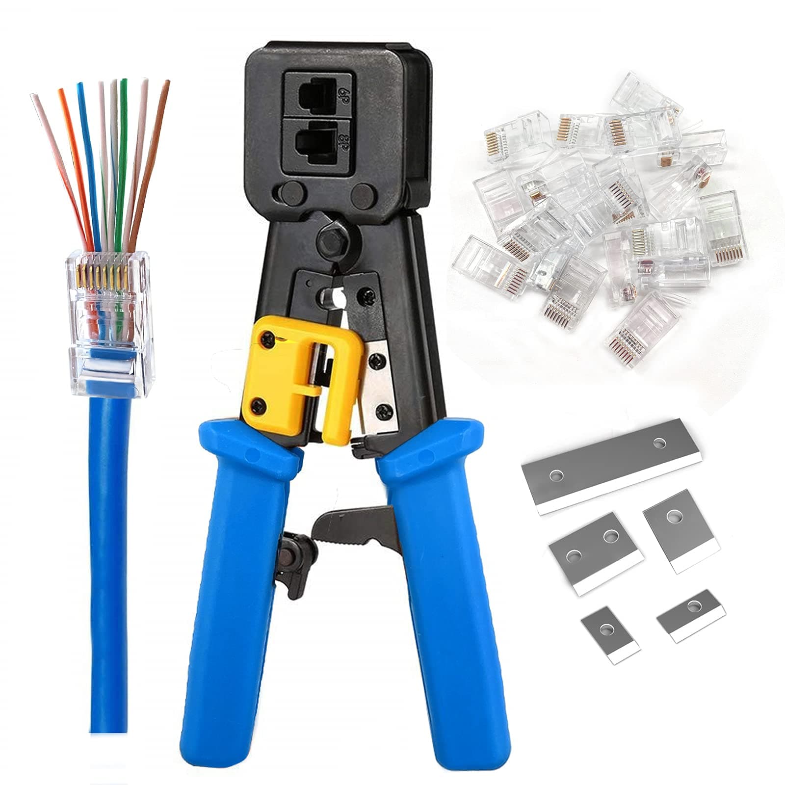 RJ45 Crimping Tool Ethernet Crimper for Cat6 Cat5 Cat5e RJ45 Pass Through Connectors and RJ12 Ends Comes with 20PCS RJ45 Cat6 Connectors and Replacement Blades