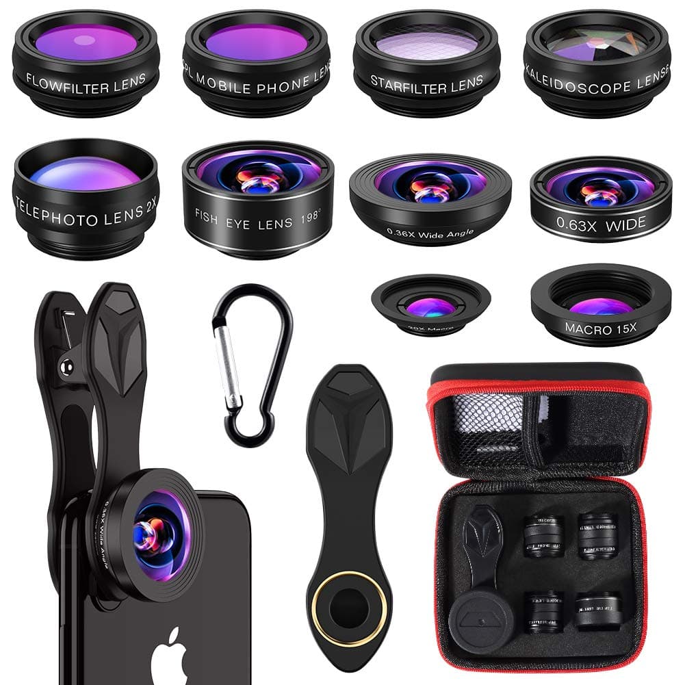 Phone Camera Lens,10 in 1 Cell Phone Lens Kit 0.63 Wide Angle Lens+0.36 Wide Angle Lens+198°Fisheye Lens+20X Macro Lens+15X Macro Lens+Star Filter+CPL+Kaleidoscope Lens+Telephoto Lens+Flow Filter