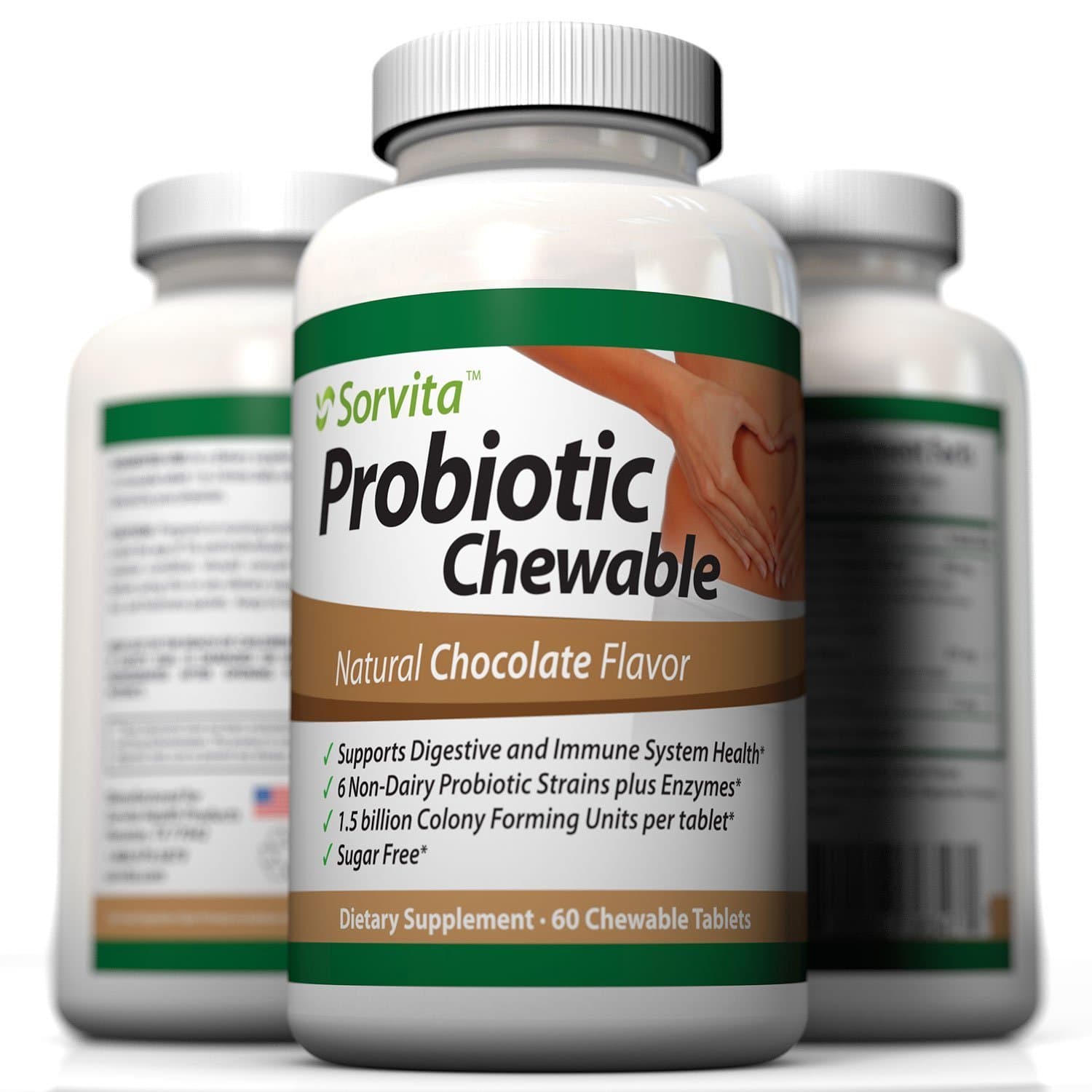 Sorvita Probiotic Supplement ~ Best Tasting Sugar-Free Chocolate Chewable for The Whole Family ~ Non-Dairy Probiotic Plus Digestive Enzymes for Immune Support & Colon Health ~ Money Back Guarantee