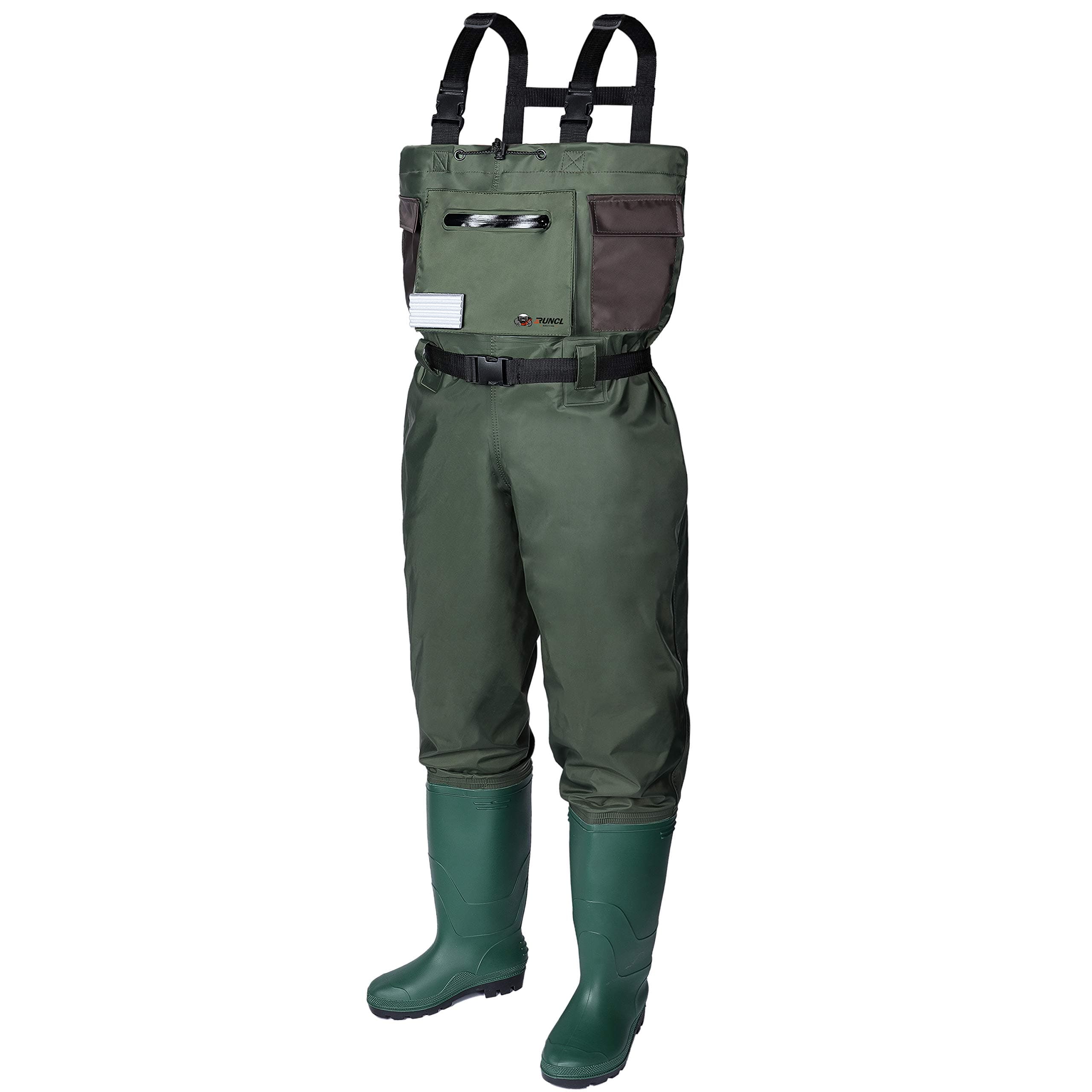 RUNCL Chest Waders, Waist-High Waders, Bootfoot Waders - Reinforced Nylon Outer Layer, Seamless Breathable Tech, Ergonomic Design, Fly Patch - Wader Fishing Fly Fishing Hunting (Green, M10/W12)