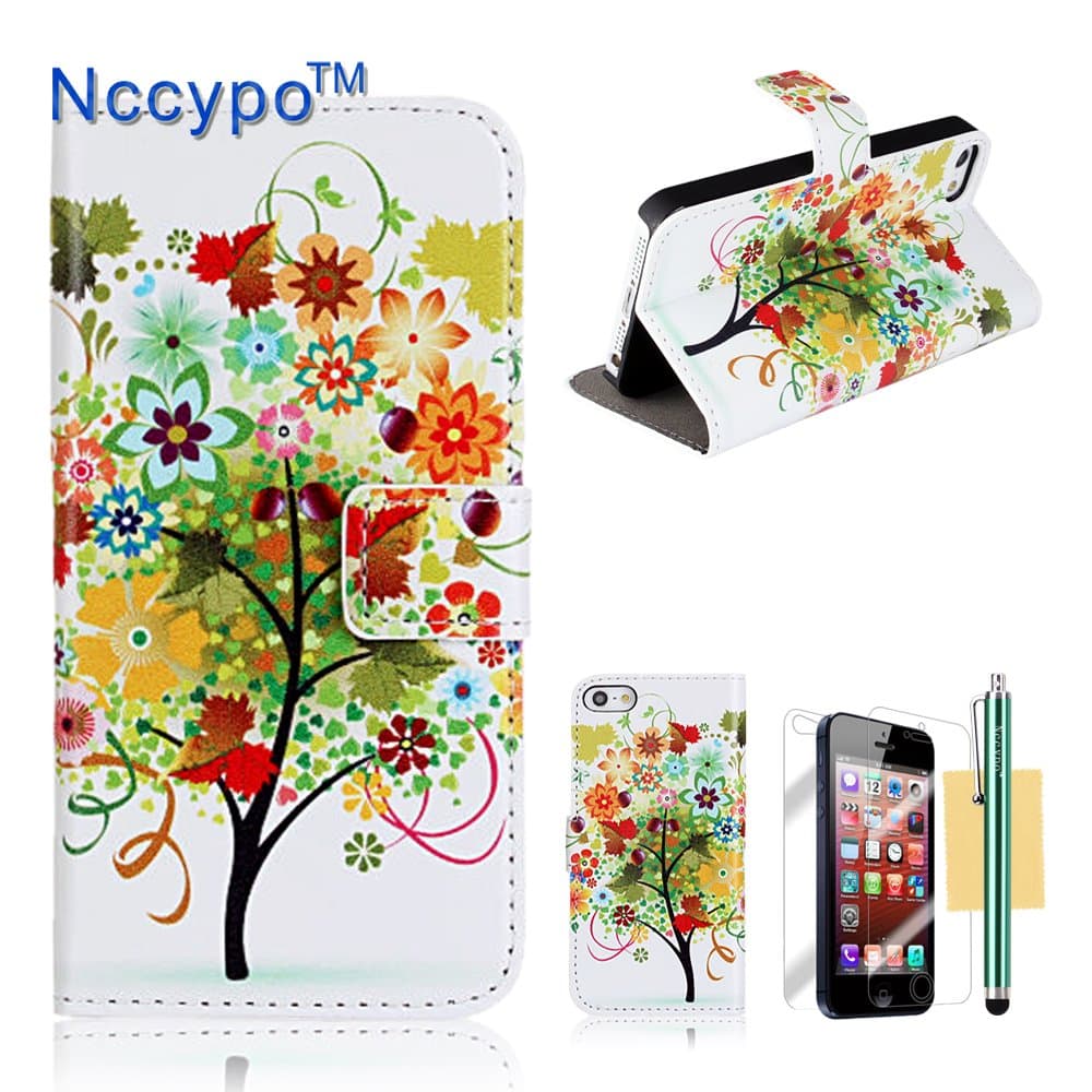 iPhone 5 Case, iPhone 5S Case, Nccypo Fashion Folio Leather Wallet Slim Protective iPhone 5/5S/5G Shell Cover For Apple iPhone 5/5S/5G[Colorful Tree Pattern] with Stylus, Screen Protector and Cleaning Cloth