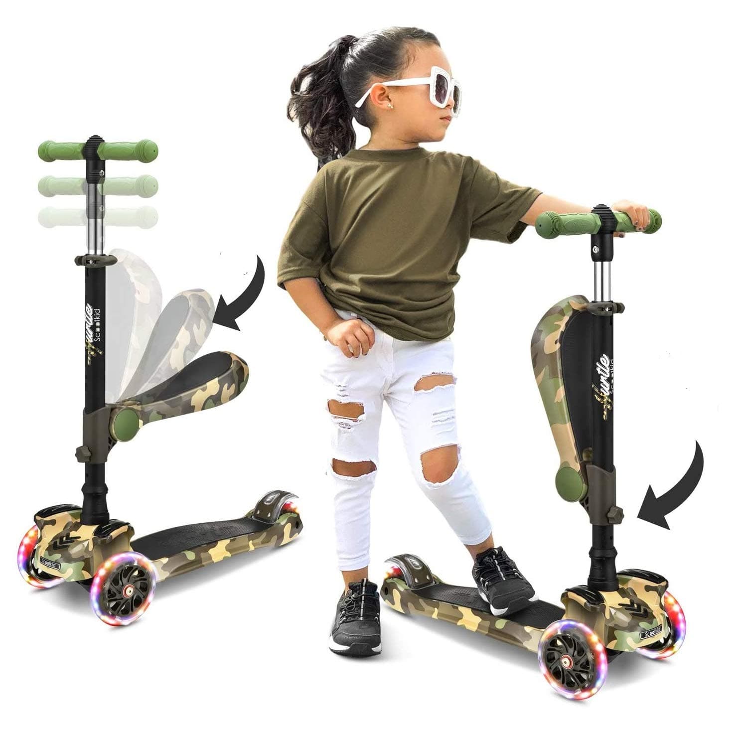 Hurtle 3-Wheeled Scooter for Kids - Wheel LED Lights, Adjustable Lean-to-Steer Handlebar, and Foldable Seat - Sit or Stand Ride with Brake for Boys and Girls Ages 1-14 Years Old