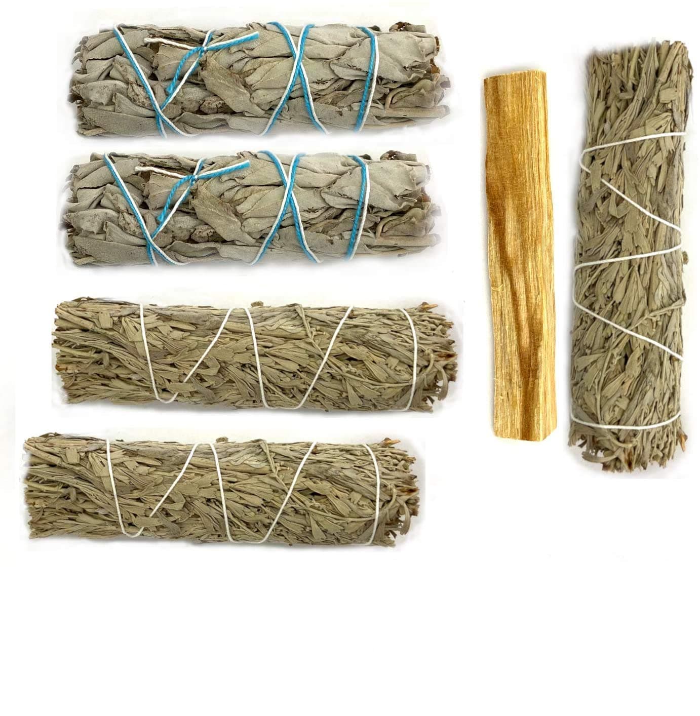 Smudge Kit Variety Pack - 3 Blue Sage of 4+ inches, 2 White Sage Smudge of 4+ inches, 1 Palo Santo Stick 3+ inch and Instructions