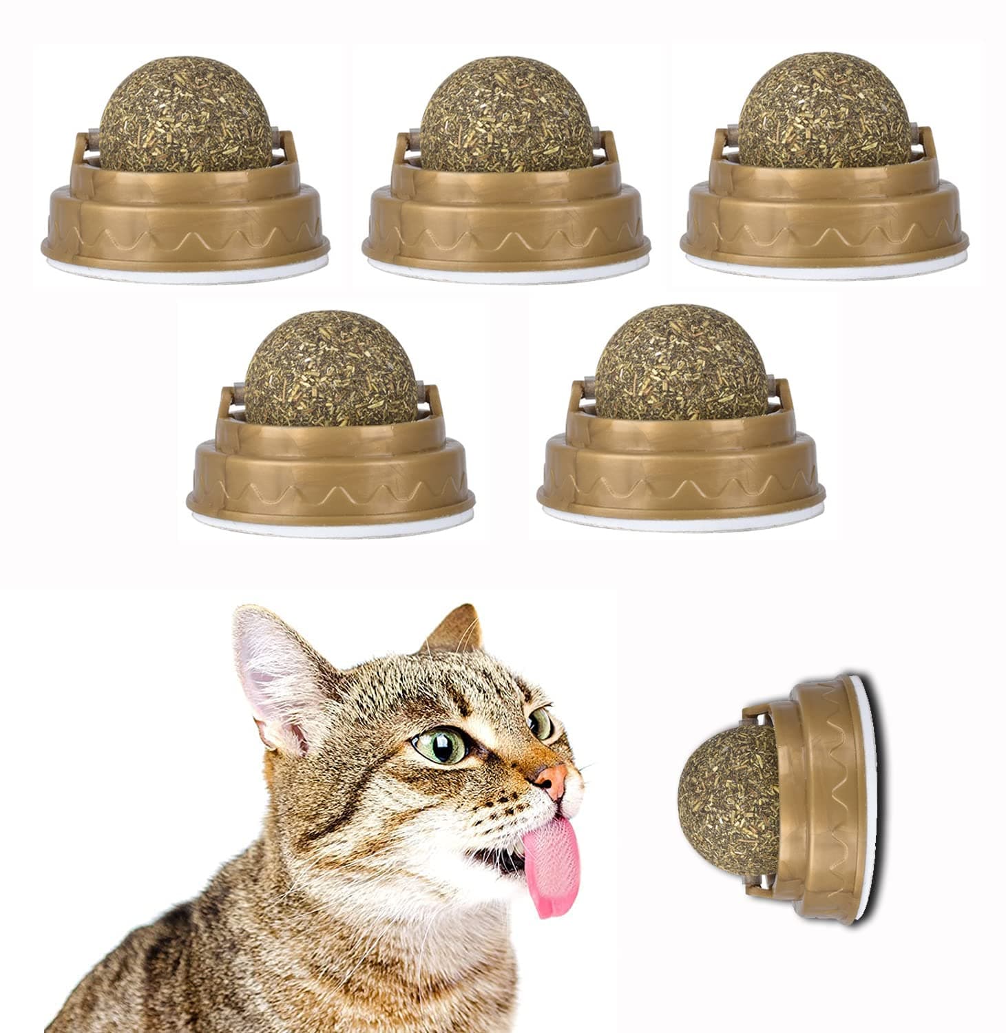 5 Pack Catnip Ball, Natural Catnip Toy Rotatable Playing Edible Balls Cat Toys, Self-Adhensive Wall Mounted 360 Degree Rotatable, Teeth Cleaning Catmint Toy for Cat Kitten Kitty
