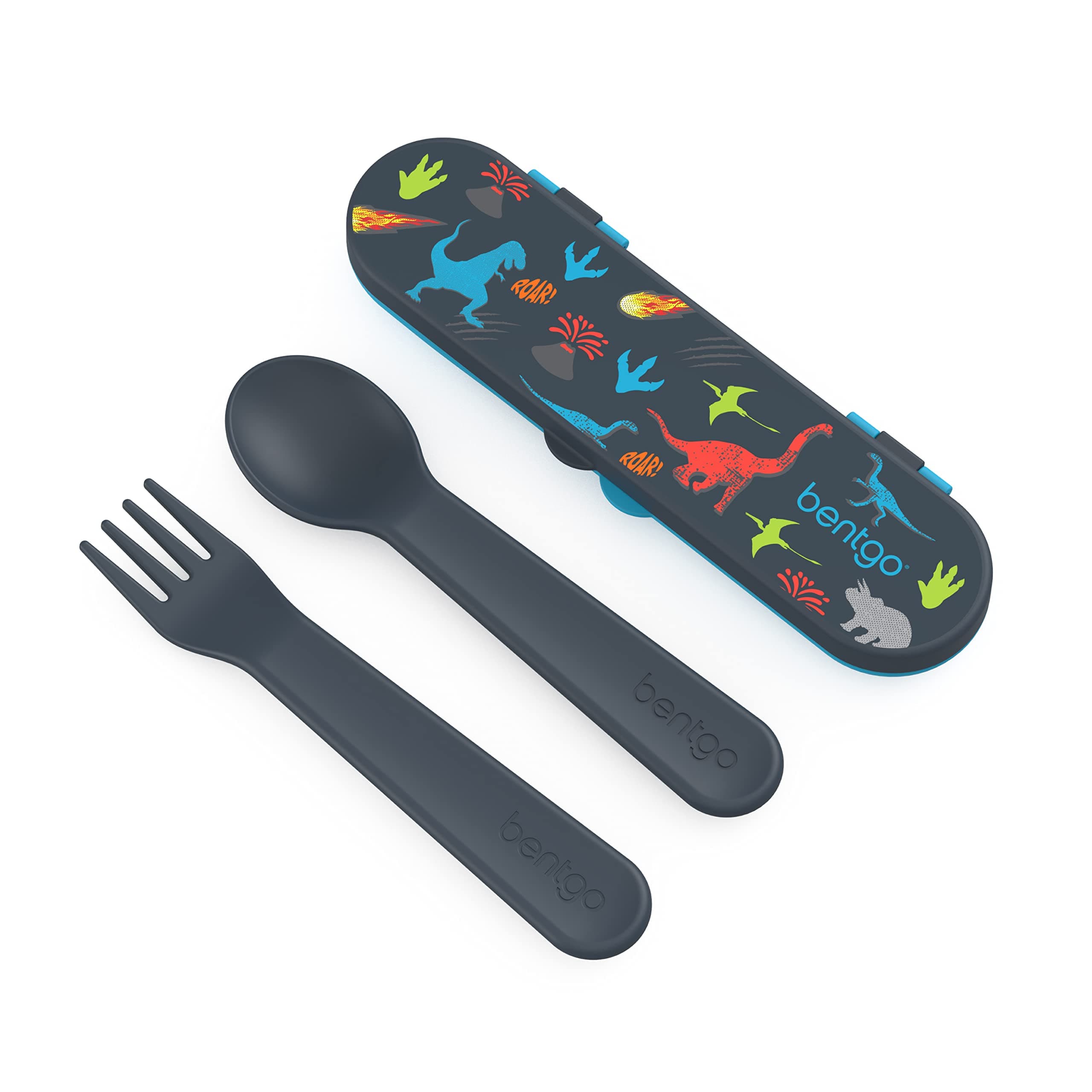 BentgoKids Utensil Set - Reusable Plastic Fork, Spoon & Storage Case Made From BPA-Free Materials, Dishwasher Safe - Ideal for School Lunch, Travel, Outdoor Use (Dino)