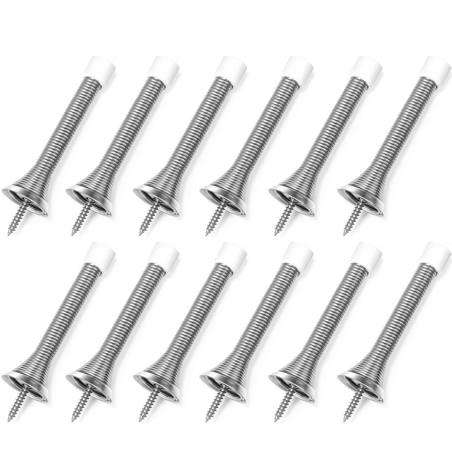 12 PCS Spring Door Stops, 3 ⅛" Flexible Satin Nickel Door Stopper Heavy Duty RustProof Screw-in Design,Spring Door Stops with BabyProof White Rubber Bumper, Simple Installment and Remove