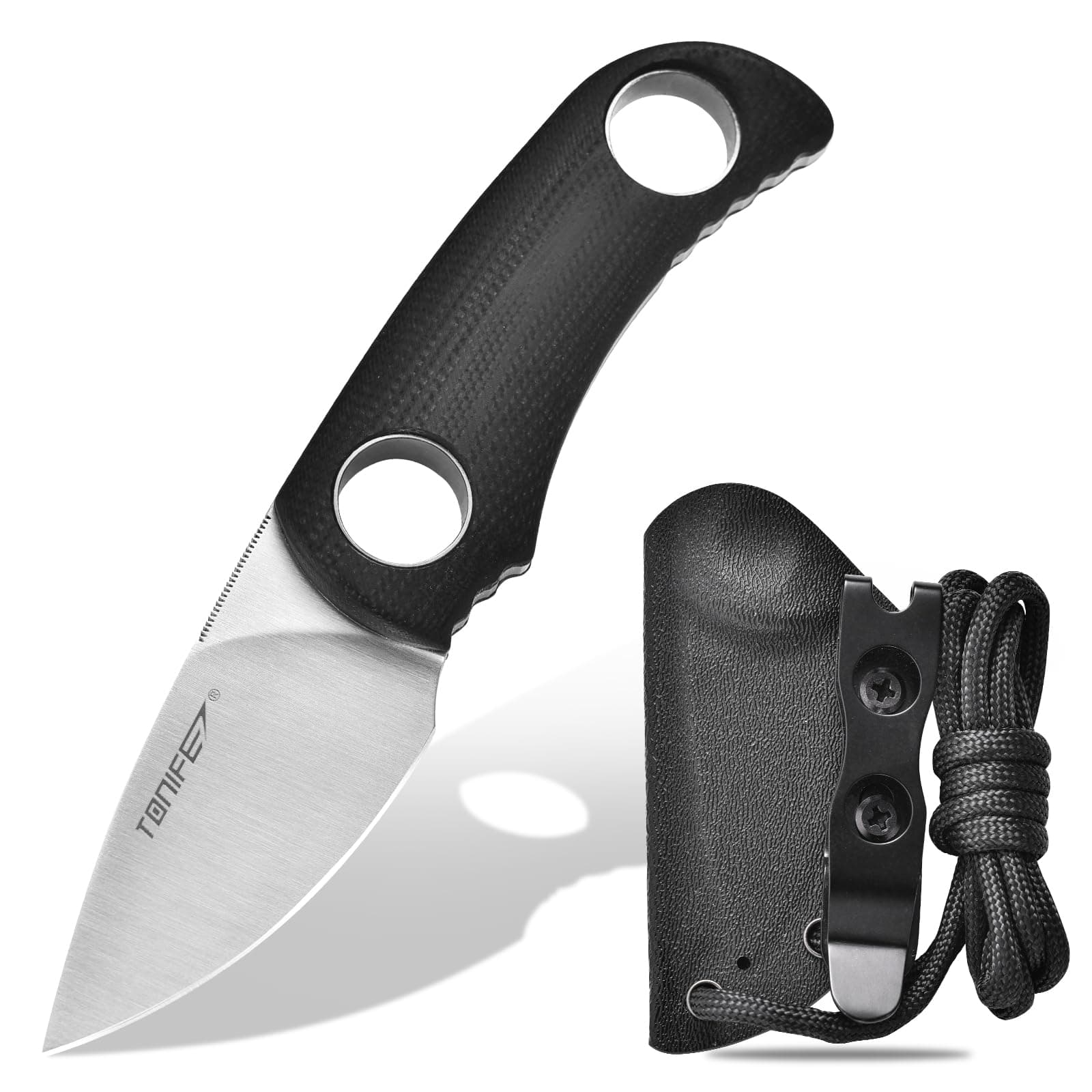 Fixed Blade Knife 4.8cm, Mini Neck Knife with Kydex Sheath and Cord, EDC Portable Fixed Knife for Outdoor Survival
