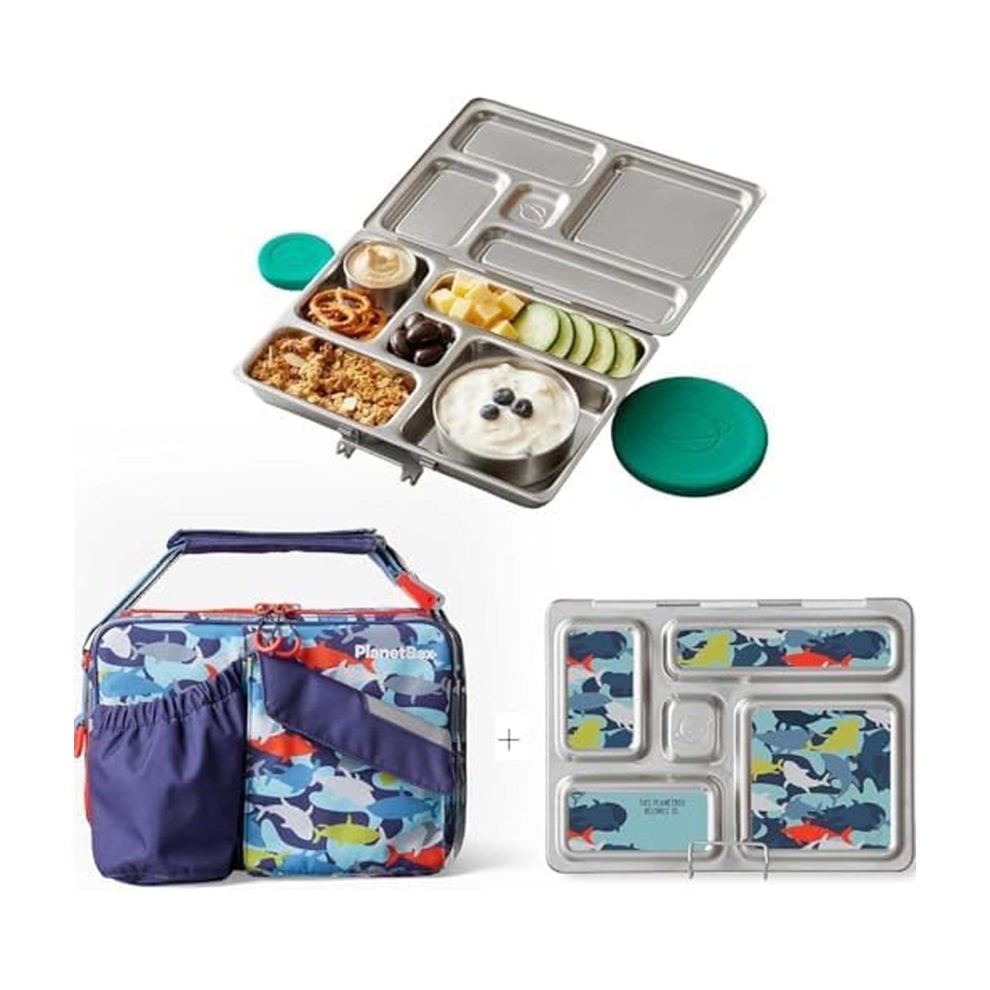 PlanetBox Rover Stainless Steel Bento Box Style Lunch Box Kit for Kids with 5 Compartments, Camo Shark Edition includes Insulated Lunch Bag, Leakproof Food Containers and Matching Magnets