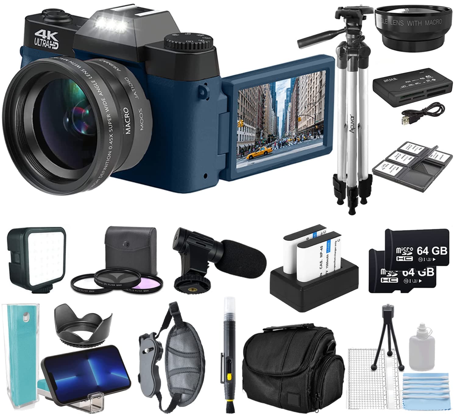 Acuvar 4K 48MP Digital Camera Kit for Photography, Vlogging for YouTube w/Flip Screen, WiFi, Wide Angle Lens, Filters, 2X 64GB Micro SD Cards, 50" Tripod, Case, Card Reader, Microphone, LED & More