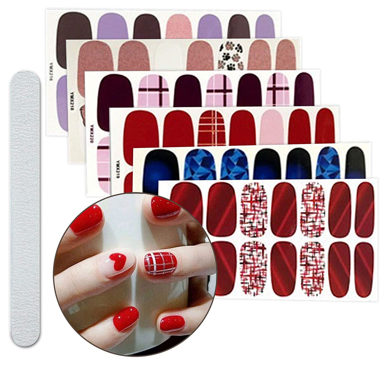 6 Sheets Full Nail Art Polish Stickers Strips Self-Ashesive False Nail Design Manicure Set With 1Pc Nail Buffers Files