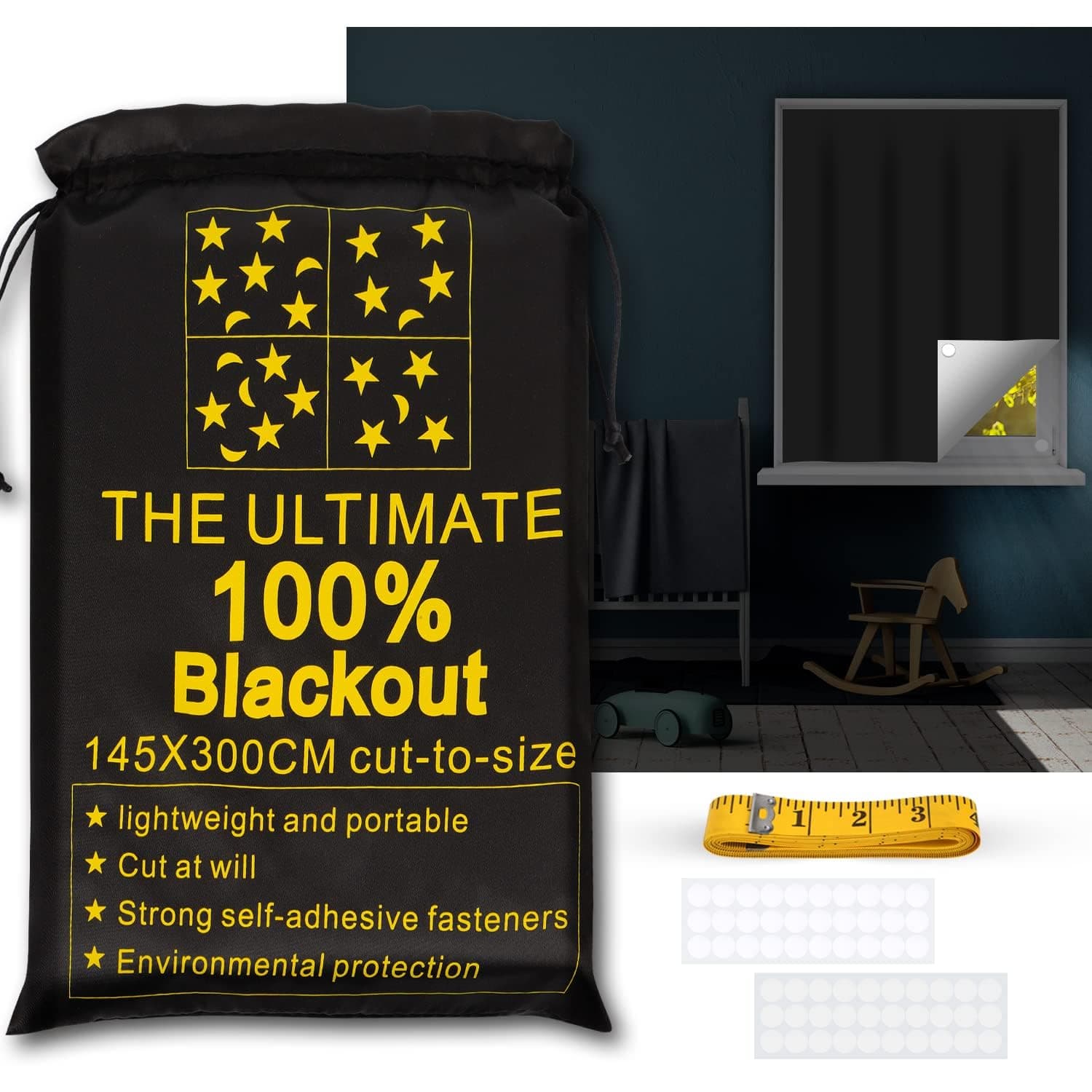 Portable Blackout Shades (118" x 57") 100% Blackout Material Temporary Blackout Blinds/Curtains for Baby Nursery, Bedroom, Window, Dorm Room, Office or Travel Use