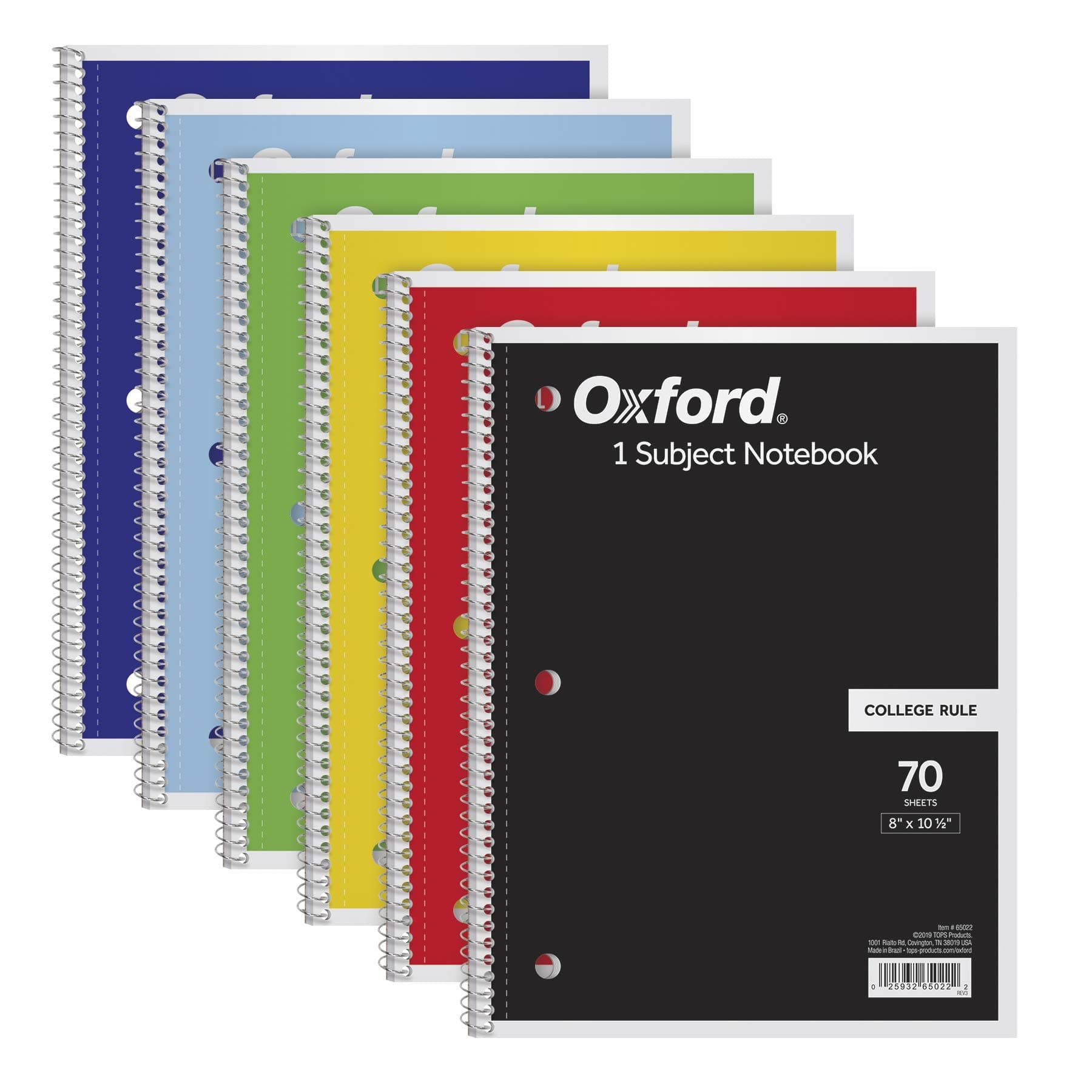 TOPS/Oxford 1-Subject Notebooks, 8" x 10-1/2", College Rule, 70 Sheets, 6 Pack, Color Assortment May Vary (65007)