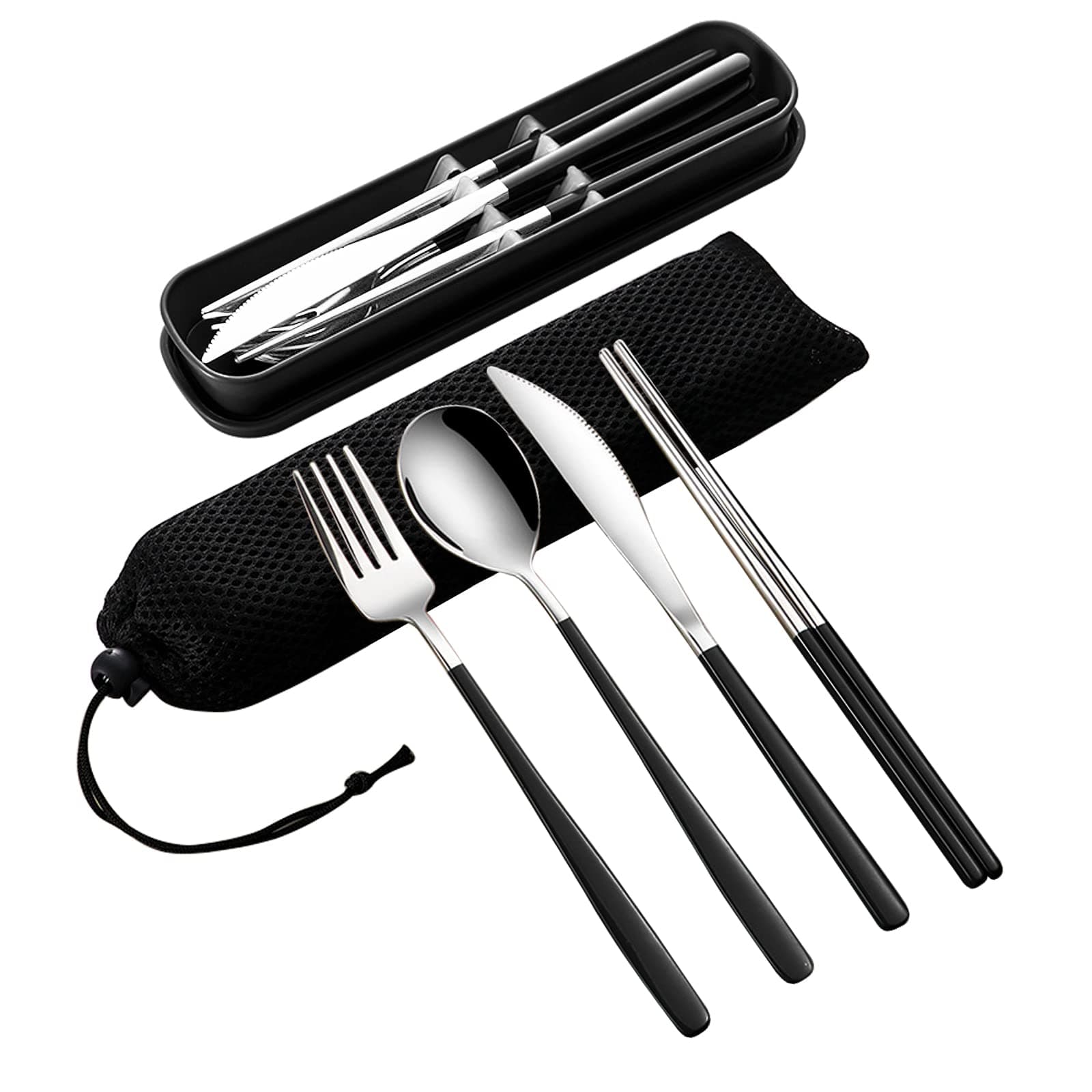 VANRA 4-Piece Portable Travel Utensils Set with Case 18/10 Stainless Steel Flatware Set Reusable Cutlery Set with Fork Spoon Knife Chopstick for Lunch Travel Camping School Work Picnic (Black)