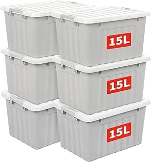 15L*6 Storage Boxes with Lids, Plastic Storage Bins with Latching Buckles, Click Closure, Stackable, Nesting, Organizer for Home Office Clothes, Gray, 15L-6 Pack