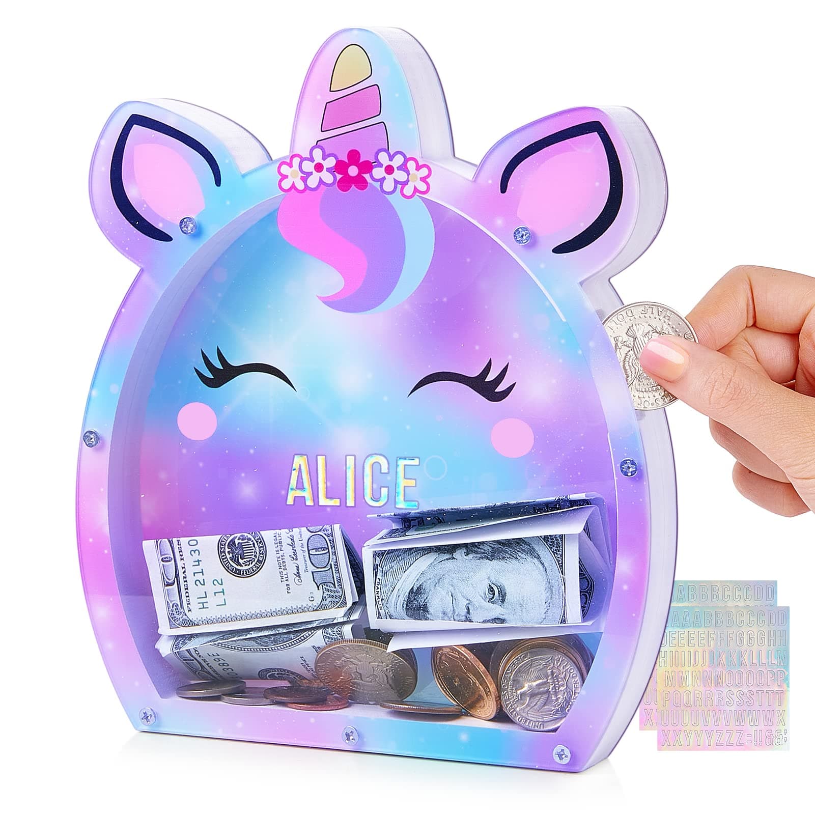 Piggy Bank Girls Customize Name Coin Bank Unicorn Money Bank for Kids Girl Gifts, Transparent Piggy Banks Unicorns Gifts for Girls with Letter Stickers