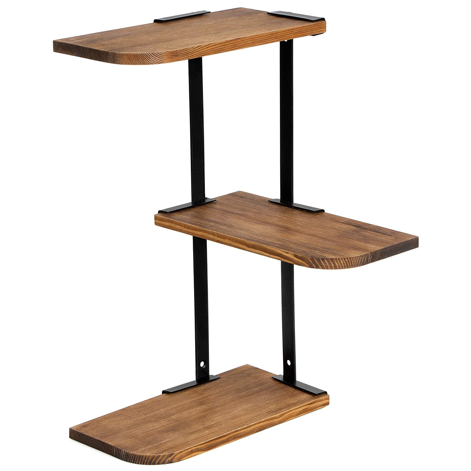 SONGMICS 3-Tier Corner Wall Shelf, Customisable Floating Mount, Rustic Solid Burned Wood and Metal, for Bedroom Living Room Study Kitchen LSN04CB