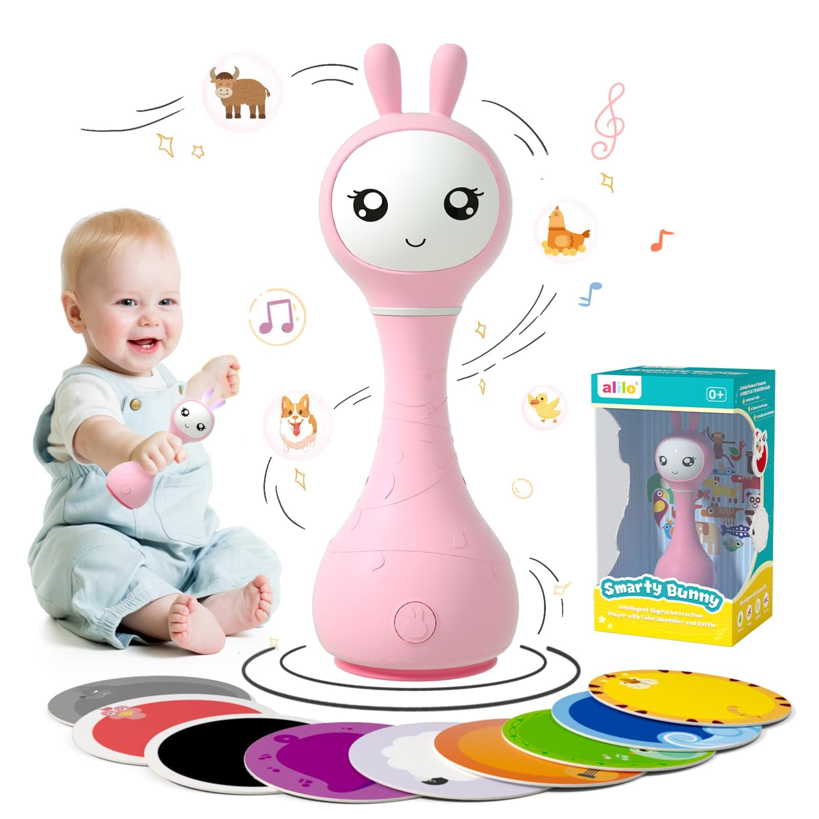 alilo Smarty Bunny Baby Rattle Musical Light Up Toys, Infants Newborns Baby Toys 0-3-6-12-18-24 Months,1 Year Old Boy Girl Easter Gifts, 4 Music Modes and Color Recognition Function with 9 Color Card