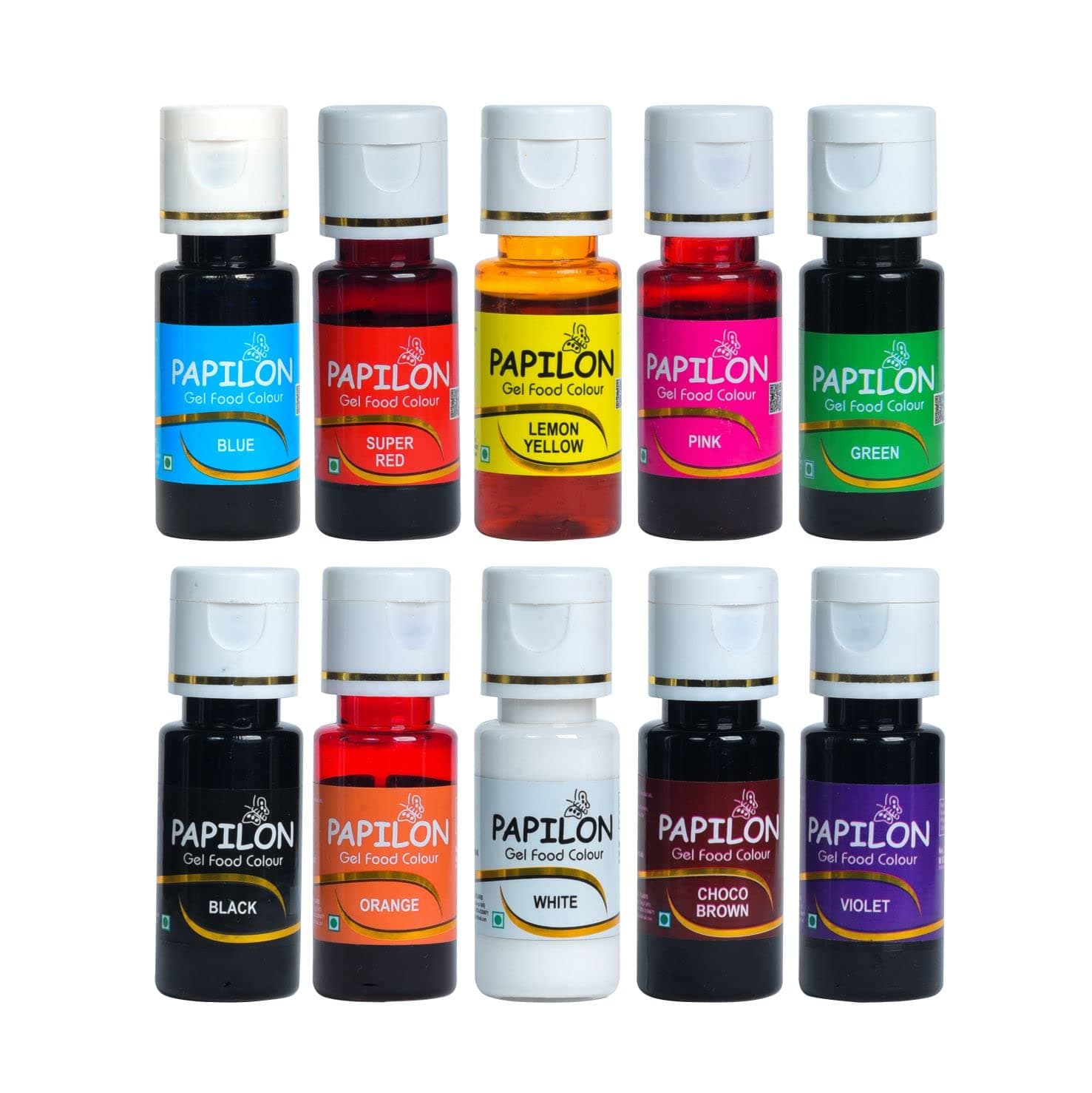 Papilon Concentrated Gel Food Colour Pack of 20gm x 10 Bottles Edible Gel Colour For Cake, Fondant/Dessert/Baking