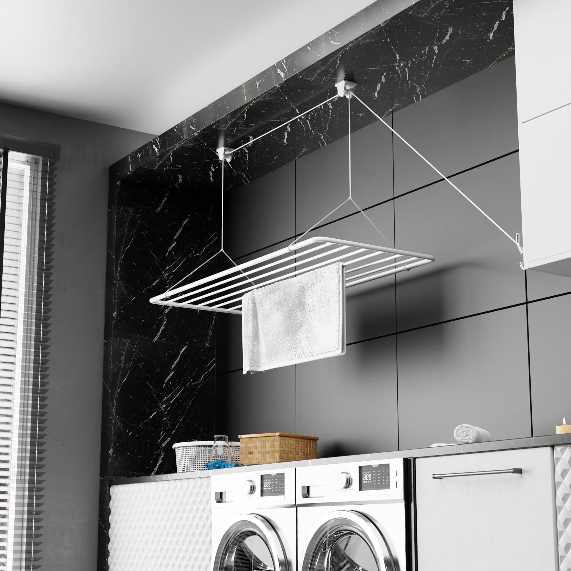 Erica Ceiling Airer 70x50cm - Ceiling Clothes Drying Rack - Laundry Hoist in White PVC-free Plastic Coated Steel - 100% Rustproof - 5.6 Meters of Drying Space - Hoistable 2.5m