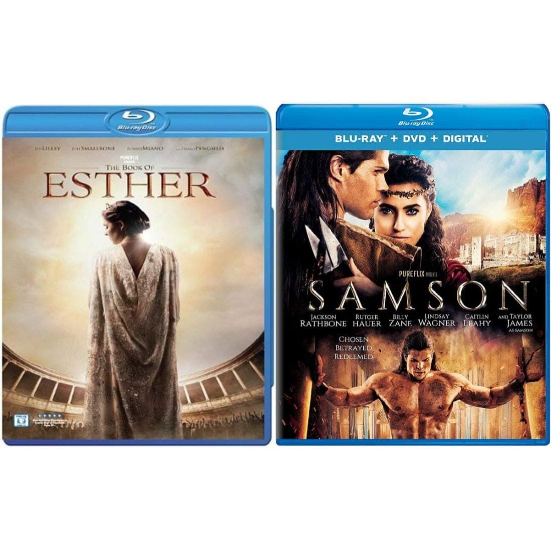 Book Of Esther / Samson (Pureflix Double Feature 3 Disc Blu Ray Set) Starring: Jen Lilley, Joel Smallbone, Robert Miano, Thaao Penghlis, Jackson Rathbone, Rutger Hauer (Director: David A.R. White)