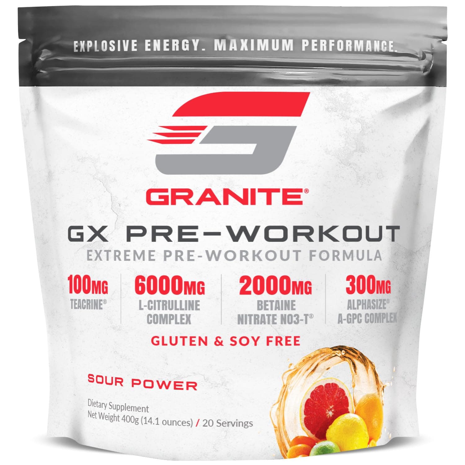 Granite GX Pre Workout Supplement, Sour Power Flavor, Supports Focus, Energy, & Performance with Teacrine, L-Citrulline, Betaine, & A-GPC (20 Servings)