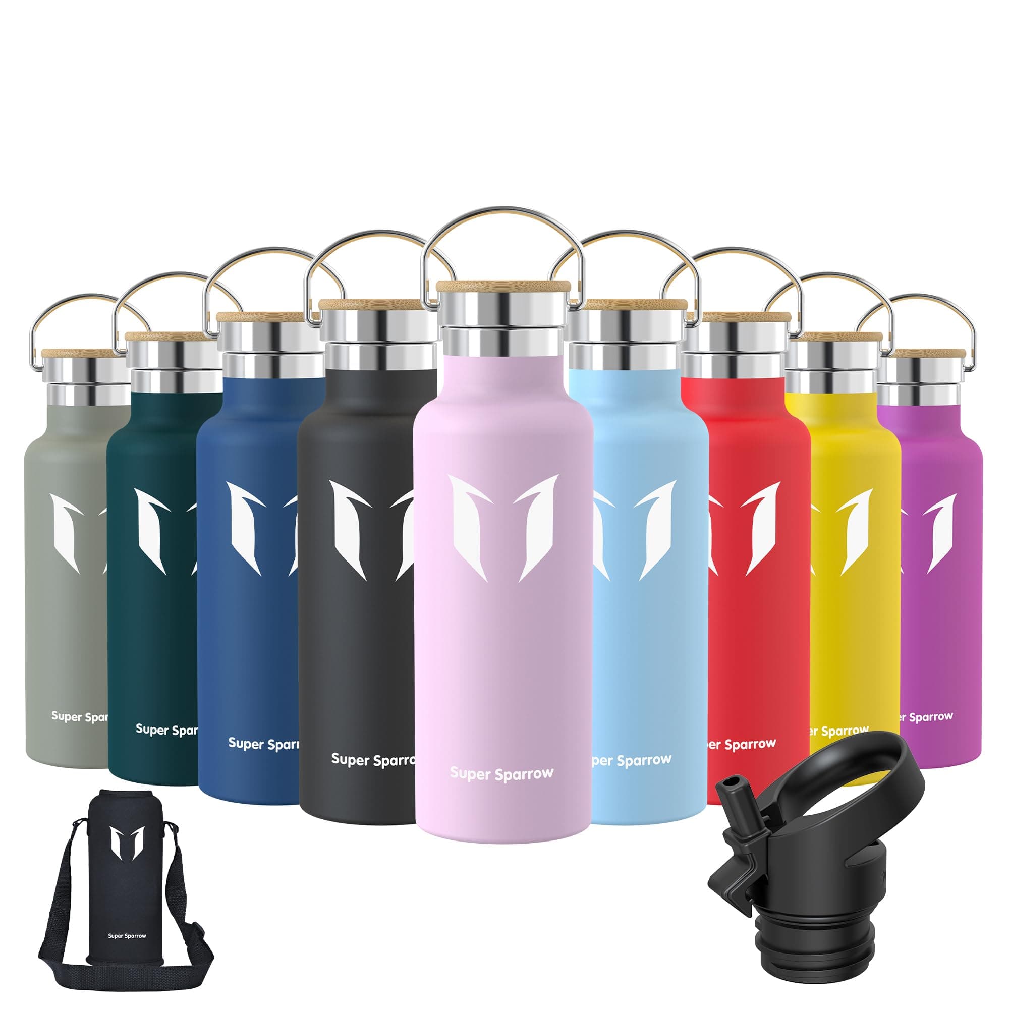 Super Sparrow Water Bottle Stainless Steel - 350ml/500ml/620ml/750ml/1L- Insulated Metal Water Bottles - Standard Mouth Flask - BPA Free - Straw Bottle for Work, Gym, Sports - 2 Lids