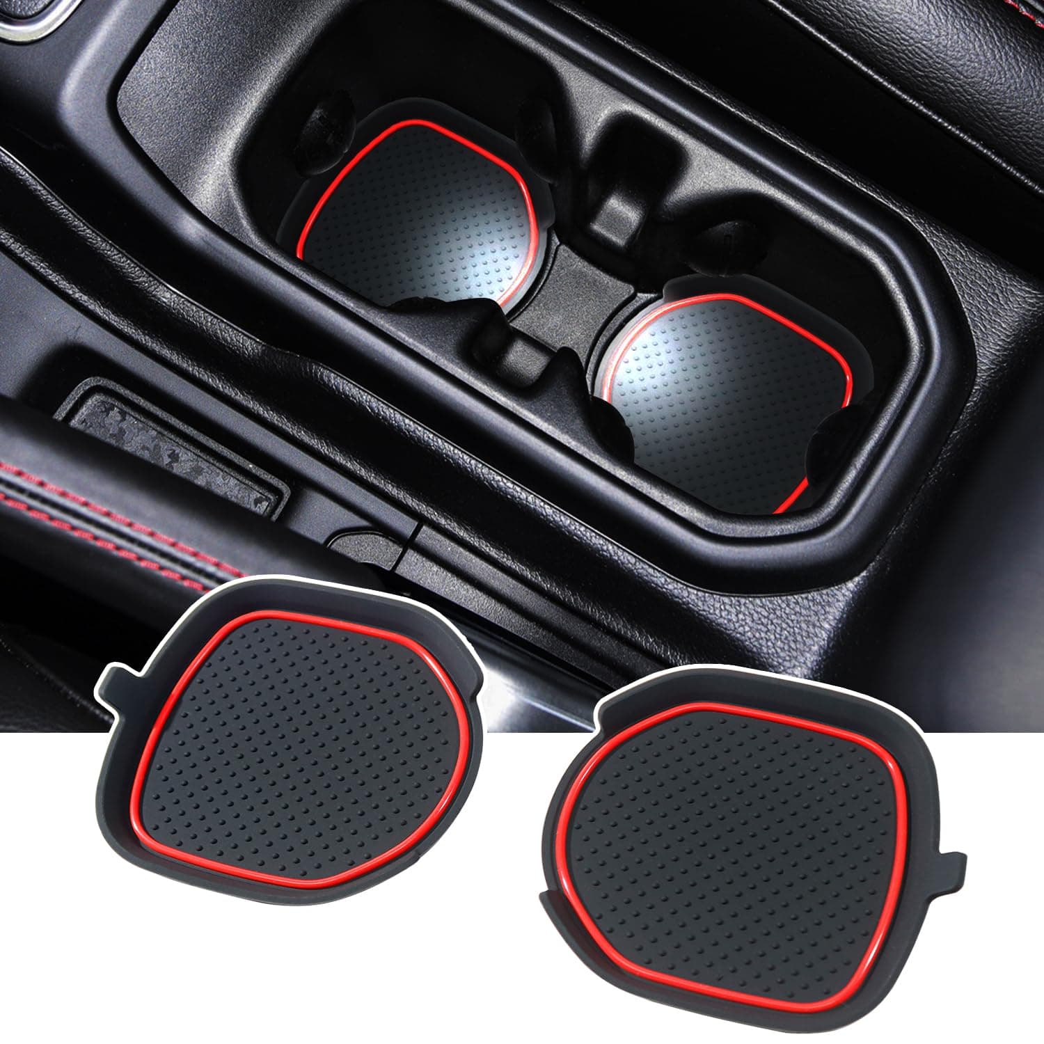 Cup Holder Inserts for Wrangler Accessories JL JLU 2018-2023 2024 Gladiator JT 2020-2023 Silicone Cup Liners Center Console Coasters Interior Mats Pad (Red Trim, 2-pcs Set)