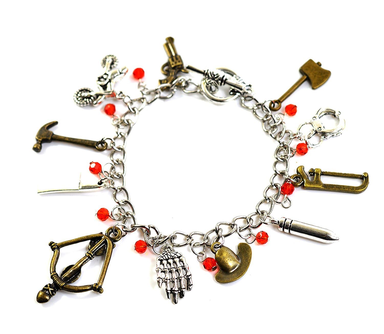 Beaux Bijoux The Walking Dead Charm Bracelet - Zombie Pendant with Crossbow, Hatchet, Pistol and Rick Grimes Sheriff Hat in Gift Box