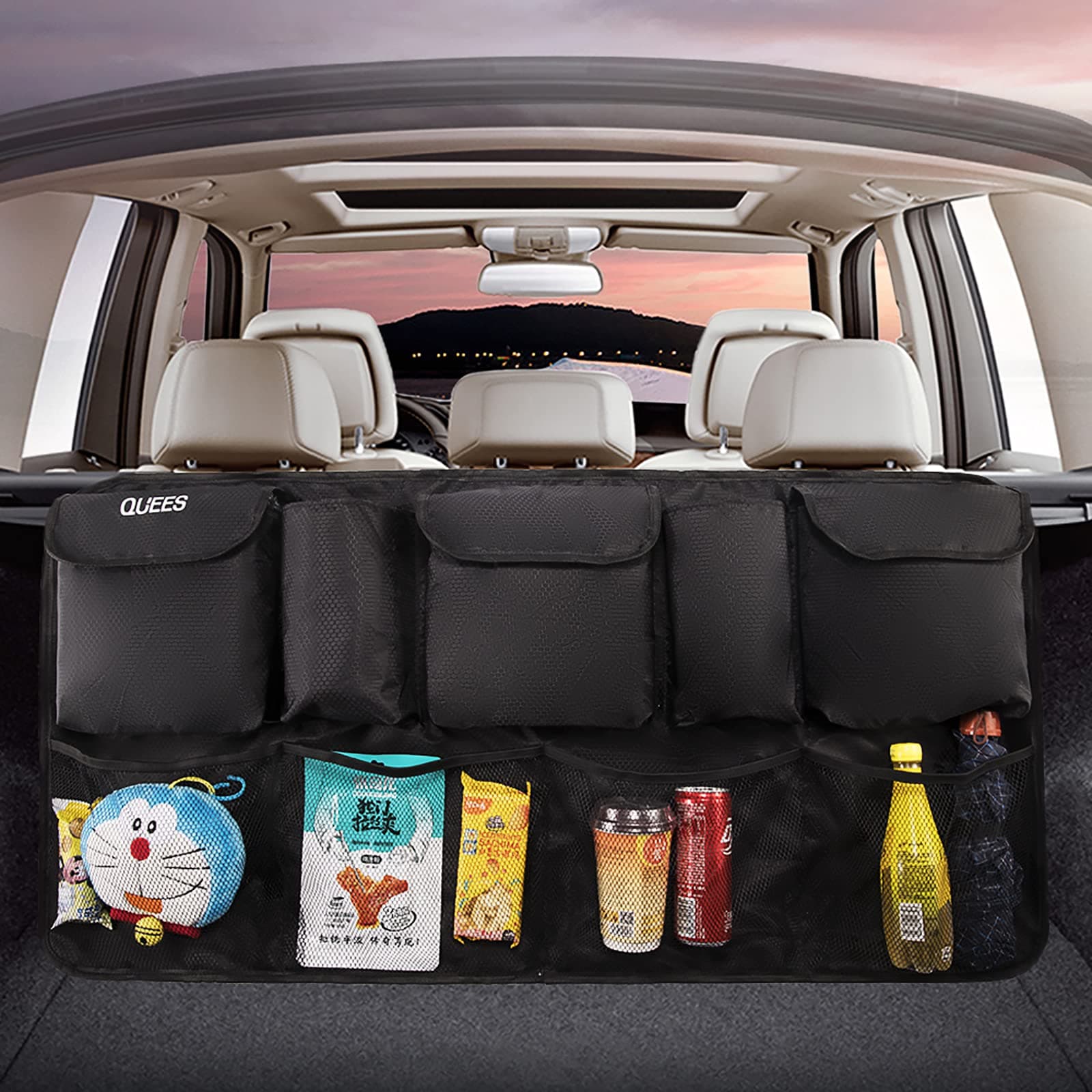 QUEES Car Trunk Backseat Organizer, Trunk Hanging Organizers Storage with Lids, Upgrade Super Capacity for SUV - Collapsible Compartment Pocket Mesh Space Saving, Black