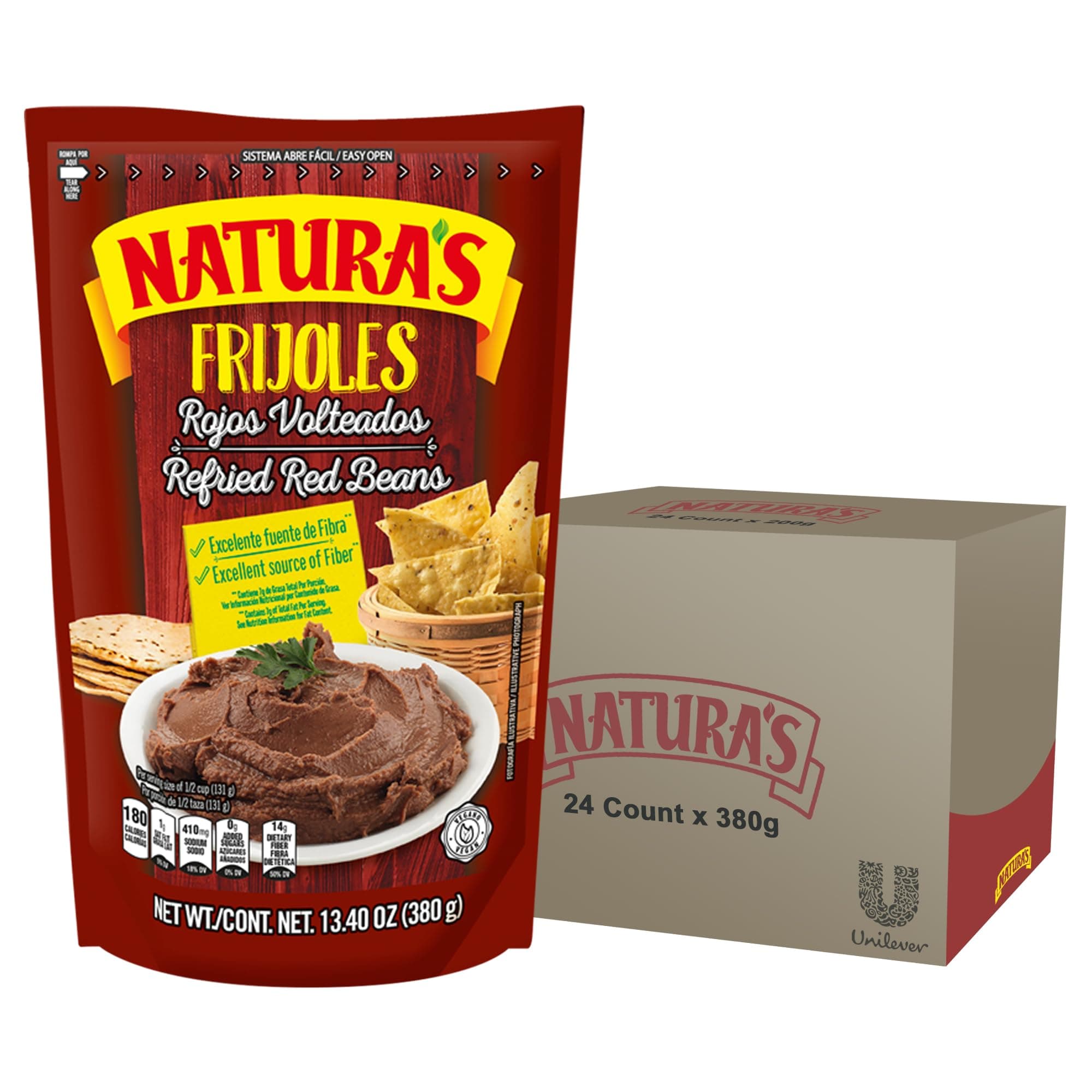 Natura's Refried Red Beans, Ready-to-Eat Vegetarian Frijoles Rojos Refritos/Volteados, 400.0 g Bag (Pack of 24)
