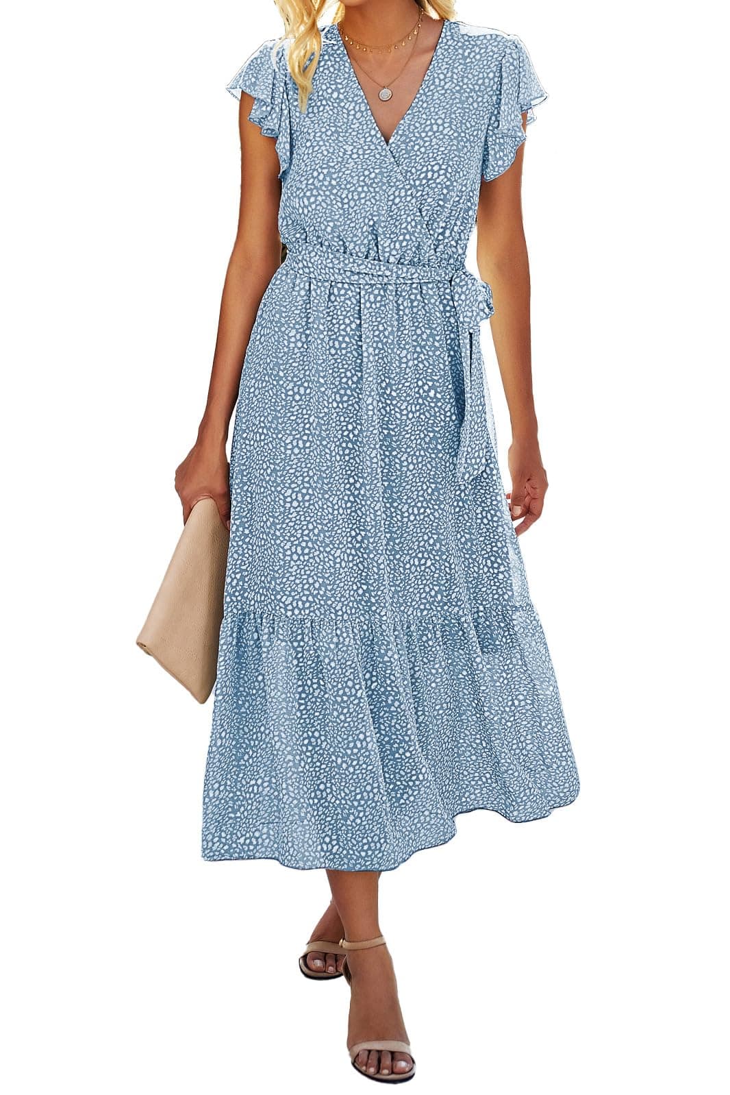 Women Summer Bohemian Floral Casual Wrap V Neck Ruffle Cap Sleeveless Belt A-Line Pleated Hem Midi Sun Dress White