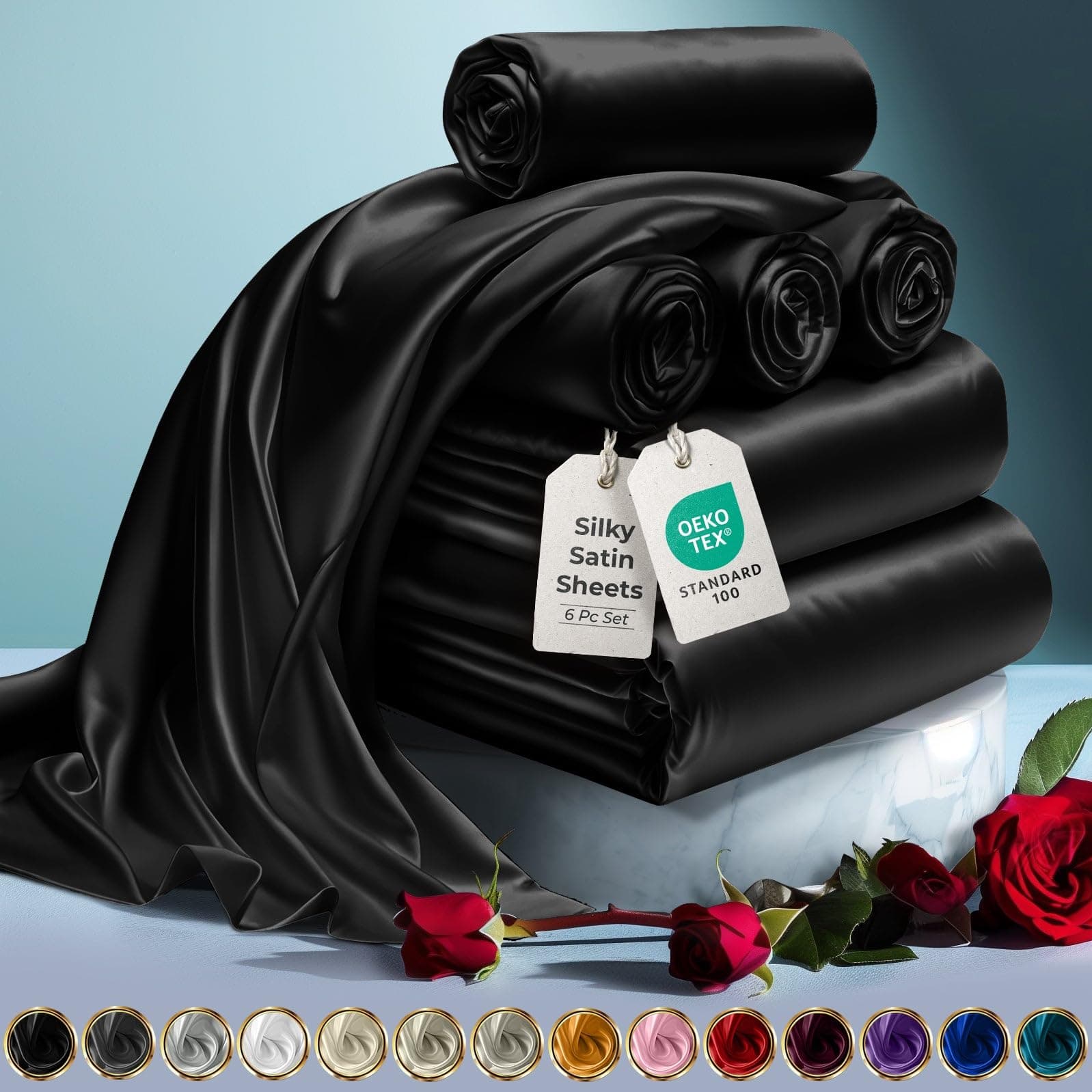 Satin Bed Sheets - 6 Piece Luxury Silky Queen Size Bedding Set - Softer Than Silk, Wrinkle-Free with 15” Deep Pocket Fitted Sheet, Perfect for Hair & Skin, Gifts for Women (Black)